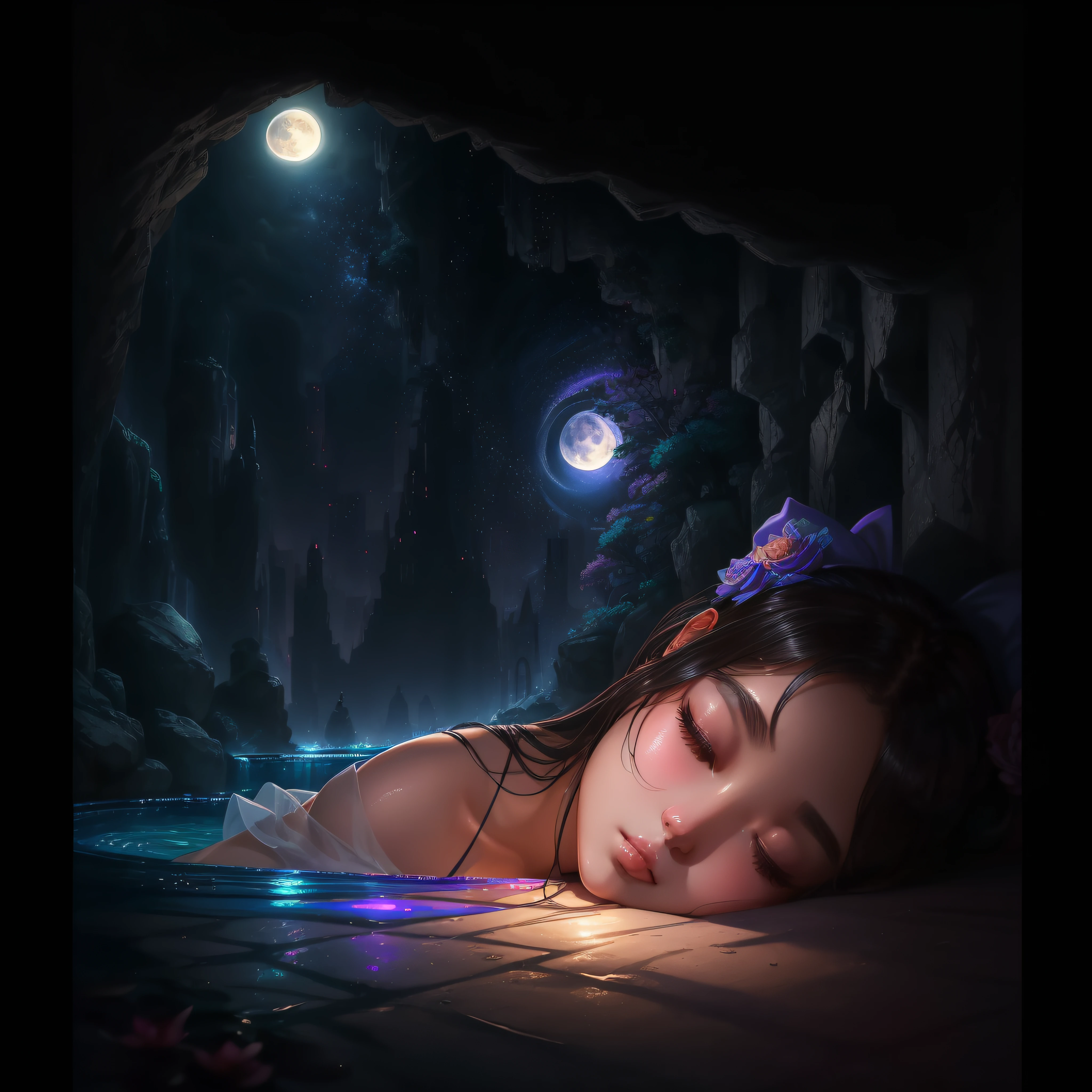 Poolside at night、Lying posture、Sleeping face、Designer、super model、makeup、Glossy lips、Shining eyes、(realisitic、hight resolution)、(1 girl in)、Do-Up Eye、Korean Girl、(Best Quality), (masutepiece), (1girl in), Solo, a beauty girl, Perfect face, Highly detailed airbrush art((Surreal))、Volumetric lighting、(top-quality)、The ultra-detailliert、Highly detailed colorful details、(Bright lighting)、dynamic compositions、ultra-detailliert、nffsw、Background Big Moon、Big Moon、moon shining