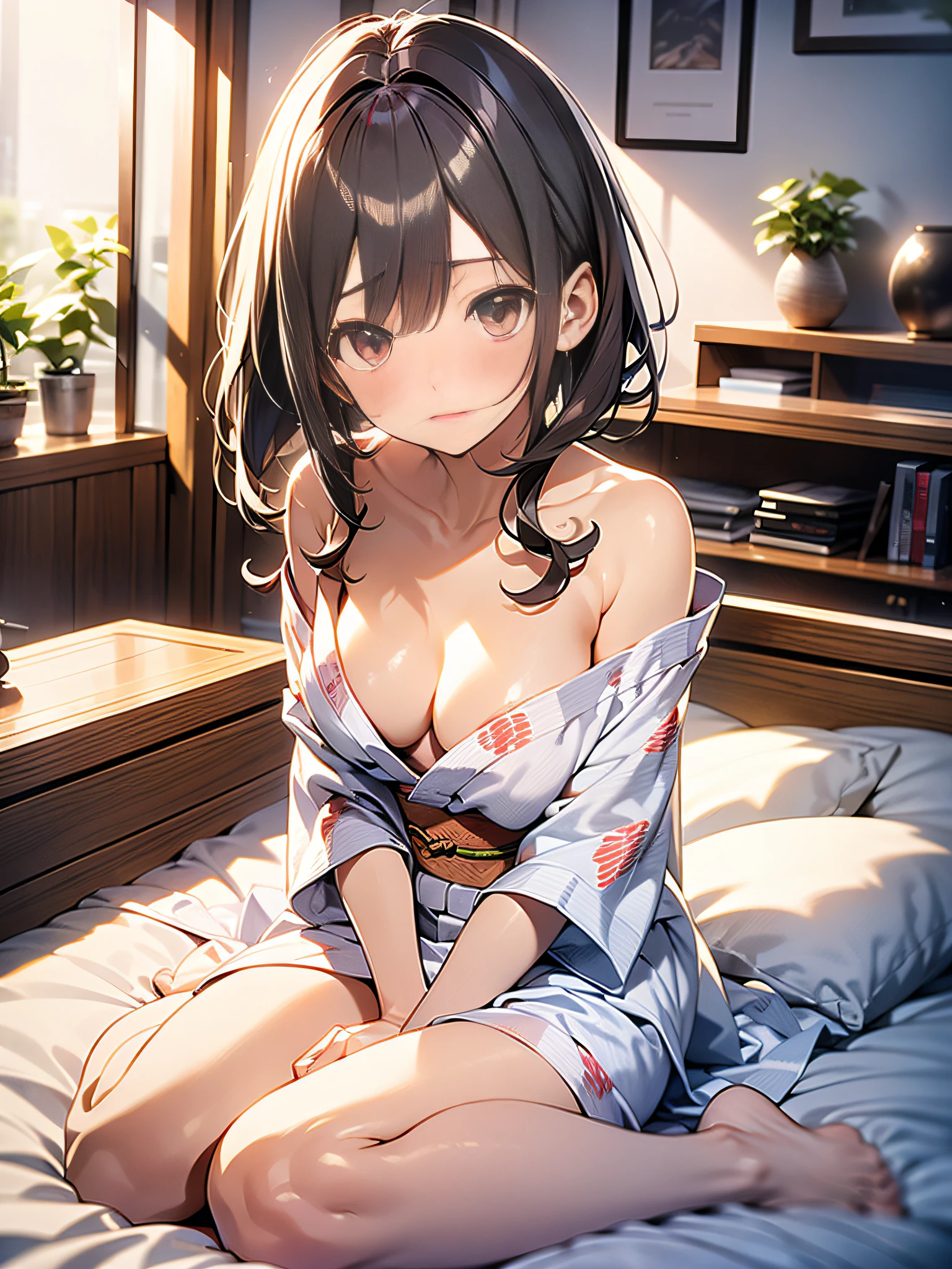 in 8K、top-quality、masterpiece、ultra-detailliert、Ultra-high resolution、Anime style、(1人の女性)、natta、darkened room、On the futon、fullnude、Hakata yukata、Wide open chest、bare shoulders、embarrassed from、Red face