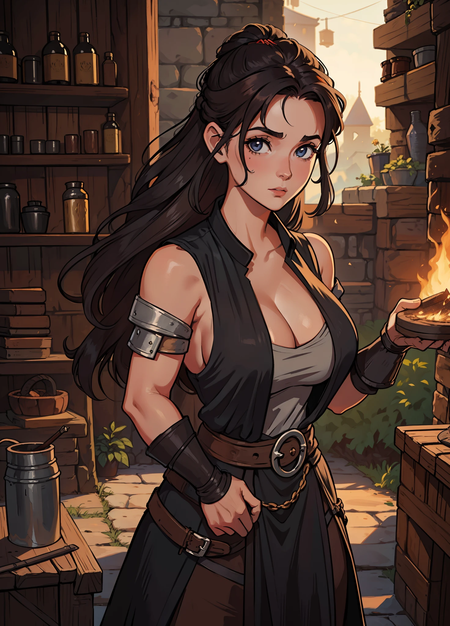 Um retrato de 1 mulher de cabelos castanhos, She's a sexy blacksmith in a forge with cleavage and boobs, usando trajes medievais em um RPG de arte medieval, uma arte de detalhes brutos; ((cabelos muito longos)) ((pelos marrons)) ((cabelos castanhos))