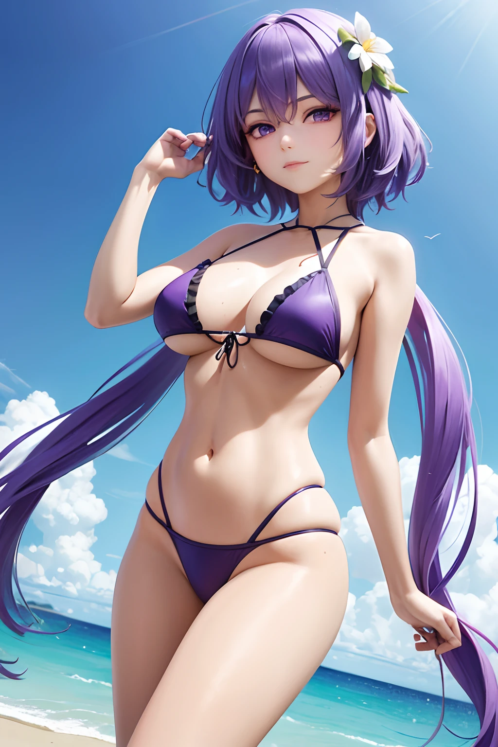 ​masterpiece, top-quality, 1girl in,99 dialects々, Blue-purple hair、short-hair、Twin-tailed、a purple eye、White flower hair ornament、Bikini with tan ruffles、A sexy、A slender、Sea and sandy beach background、huge tit、the whole body is wet、full body seen、good breasts、beautiful countenance