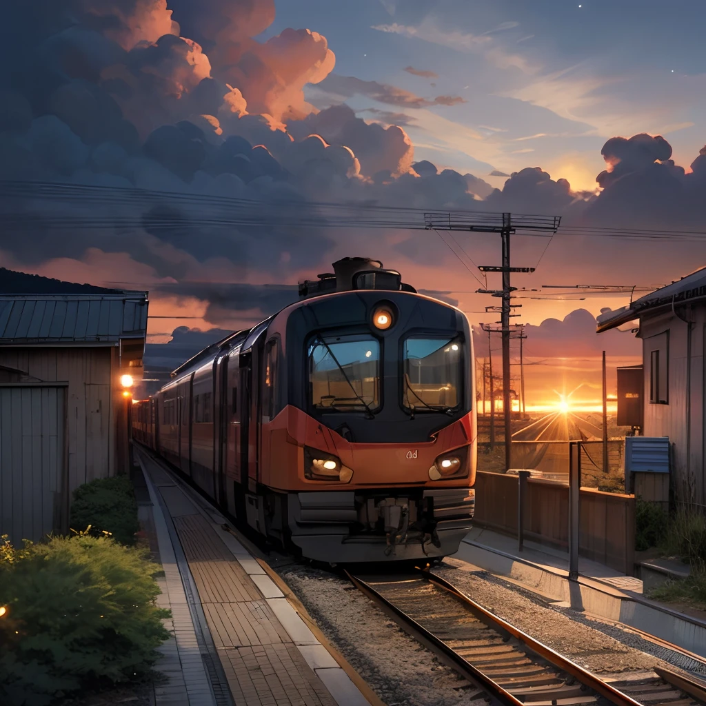landscape,Train,Bokeh,Anime style,Blue sky,There are clouds in the sky,The train drove across the lake,The surface of the water reflects the light and shadow of the train,the setting sun,The picture is warm,The rails are continuous,The train travels on the tracks,The railway enters the end of the frame from the edge of the frame,Makoto Shinkai's painting style,Track sleepers are arranged at certain intervals,The sky is orange-red,Burning clouds,Medium length trains,More train details,There is only one train