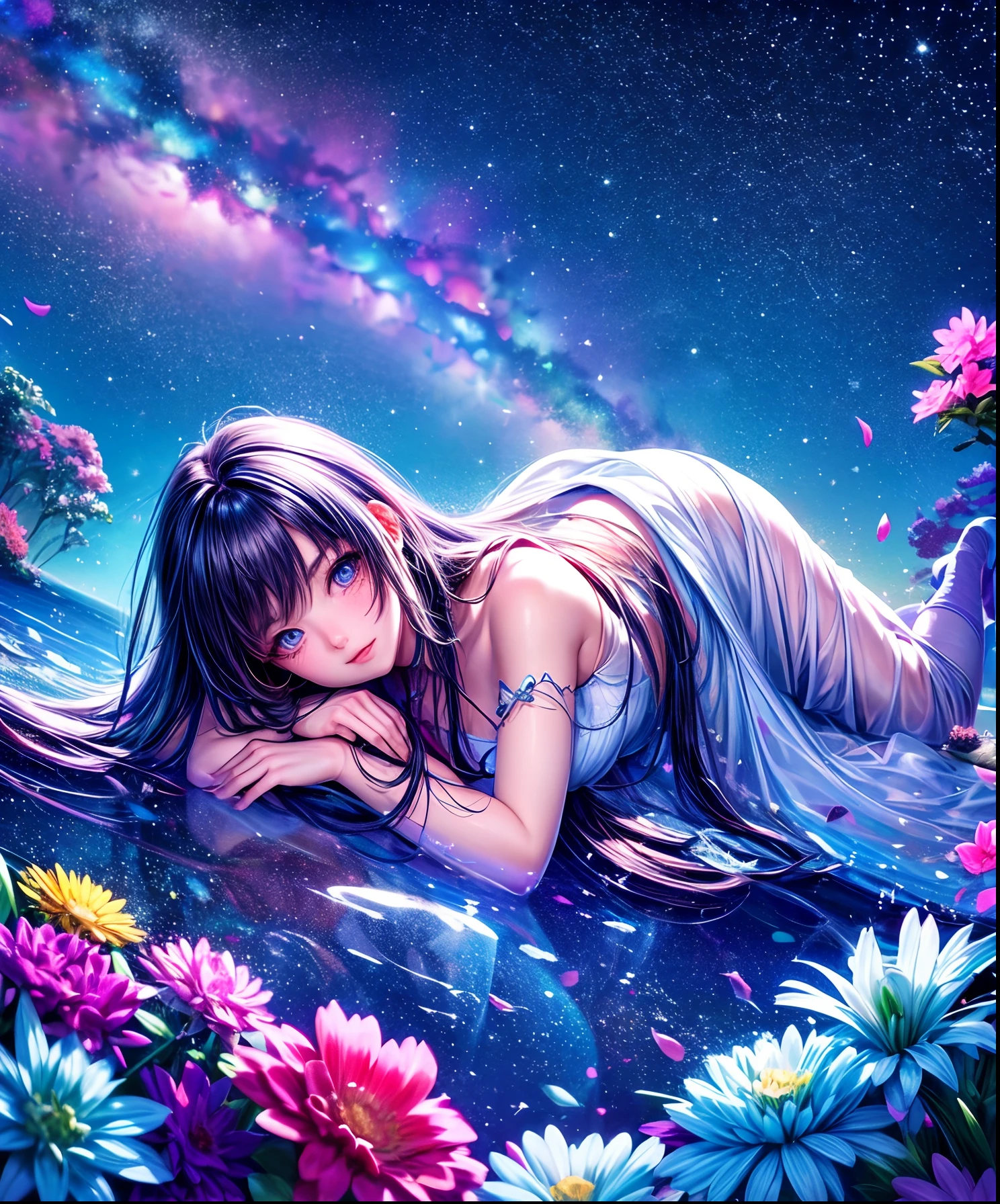 Describe a scene where a cute girl character is lying on a grassy hill, Looking up at the starry sky. Surround her with colorful nebulae and her favorite constellations.