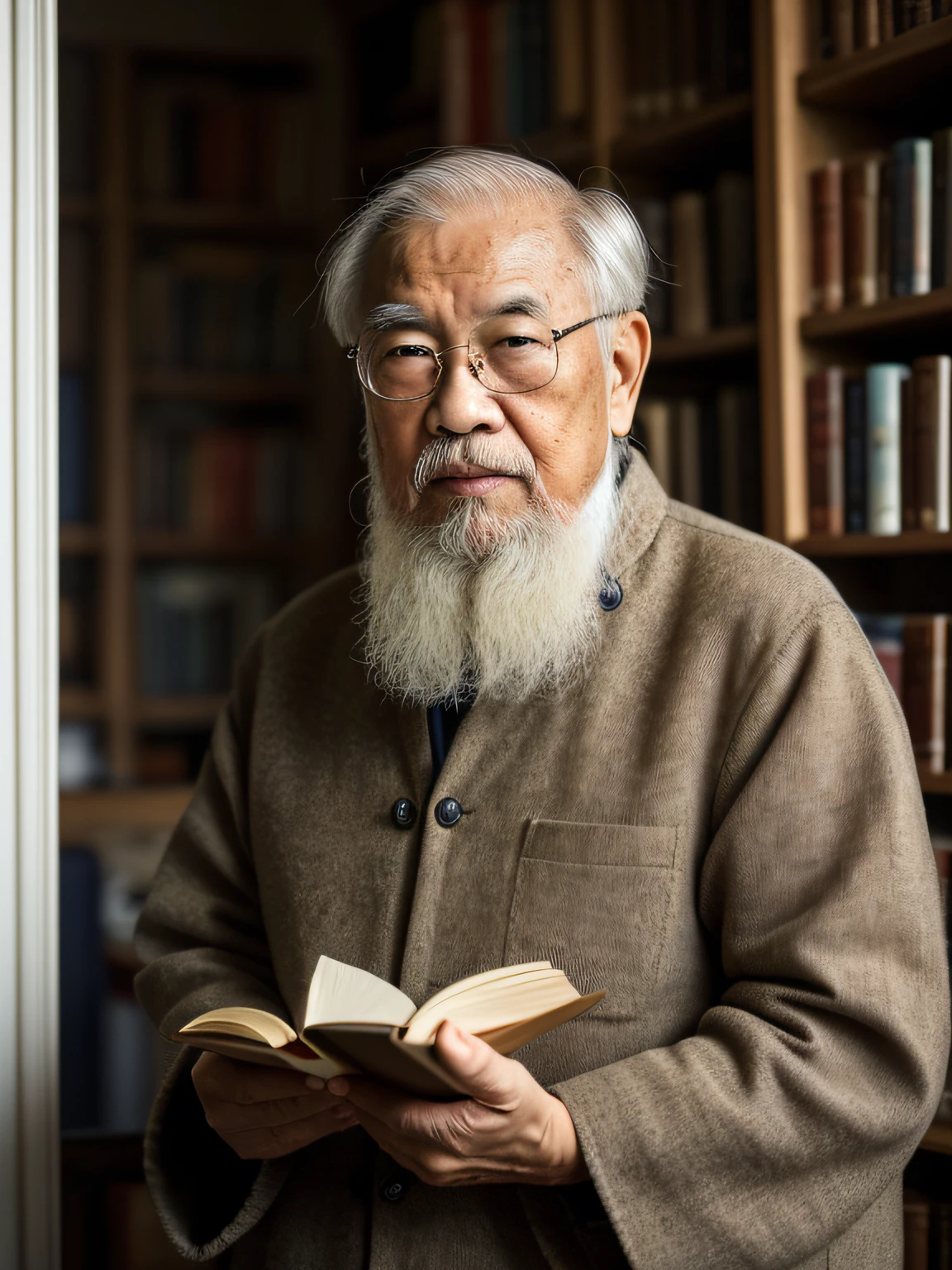Hyper-Resolution, Ultra photo realsisim, cinema shot, Vignette, Portrait of an 80-year-old Asian man,Look at the viewer,An elderly Asian man,Books in hand,Spiritual elderly,Single image,Thin and thin, Old blue eyes, Short white hair, Bookshelf background,White Viking beard, Narrow face,dark-skin, Wide shoulders, Weathered by sunlight and water, Gold pattern royal twin peaks, The Royal Chambers camera is focused on the eye, High focal length, Bust photo,Faraway view,Digital SLR, Dark Studio, rim lit, twotonelighting, Dimly lit, low tune, Backlight,