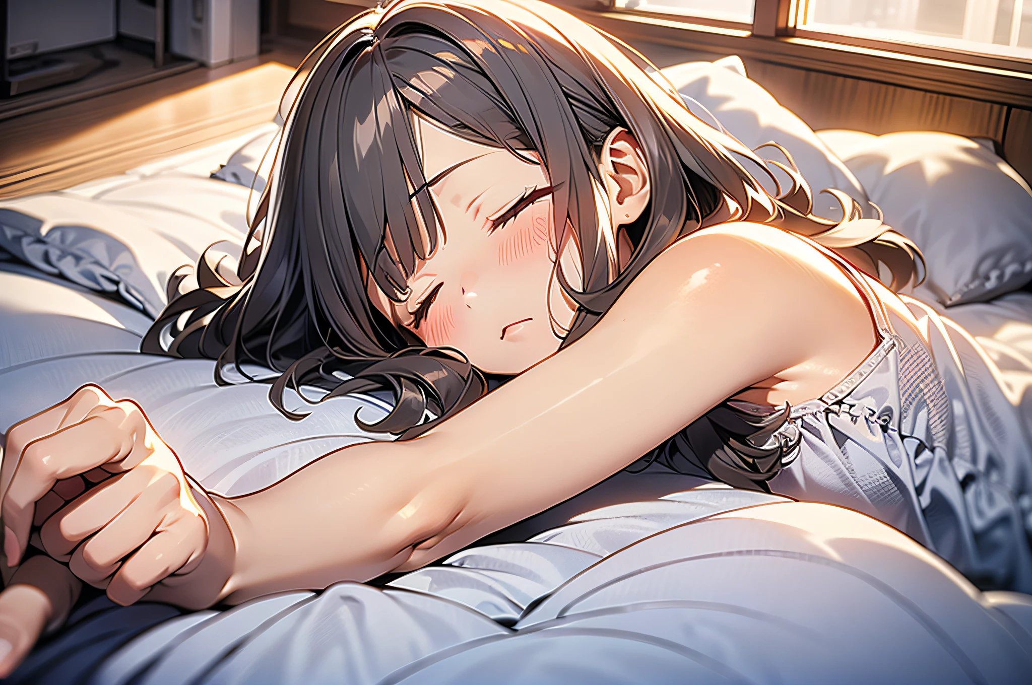 Top quality, masterpiece, black hair, long hair, black eyes, チャイナ風lingerie, sleeping, close-up