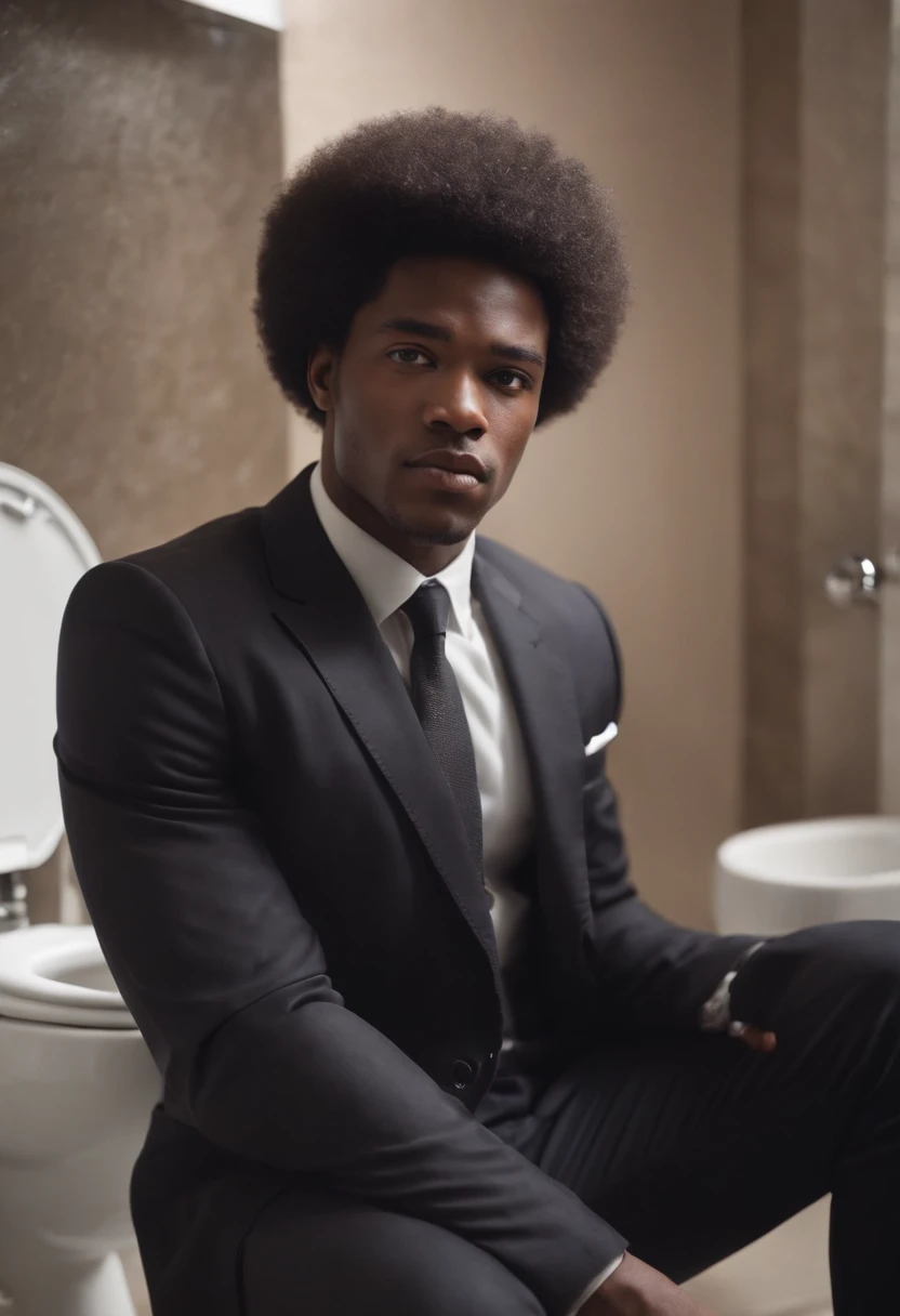 black man, black man with afro, black man on toilet taking a shit, black man in suit, light tinted skin, lots of hair, afro hair style, lots of hair on head,