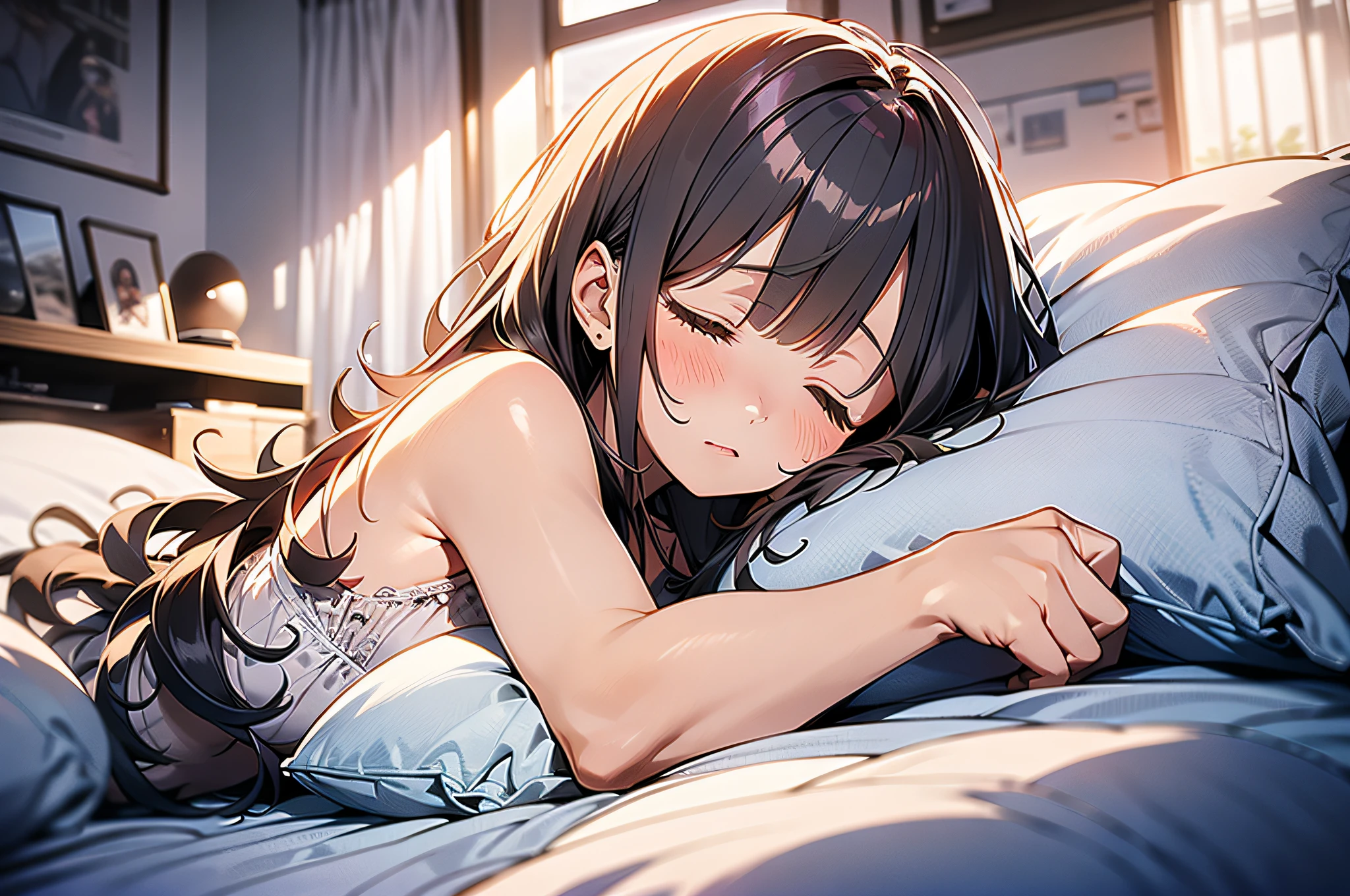 A slightly chubby girl,black long hair,black eyes,Room wear,hut,Sleep with your eyes closed