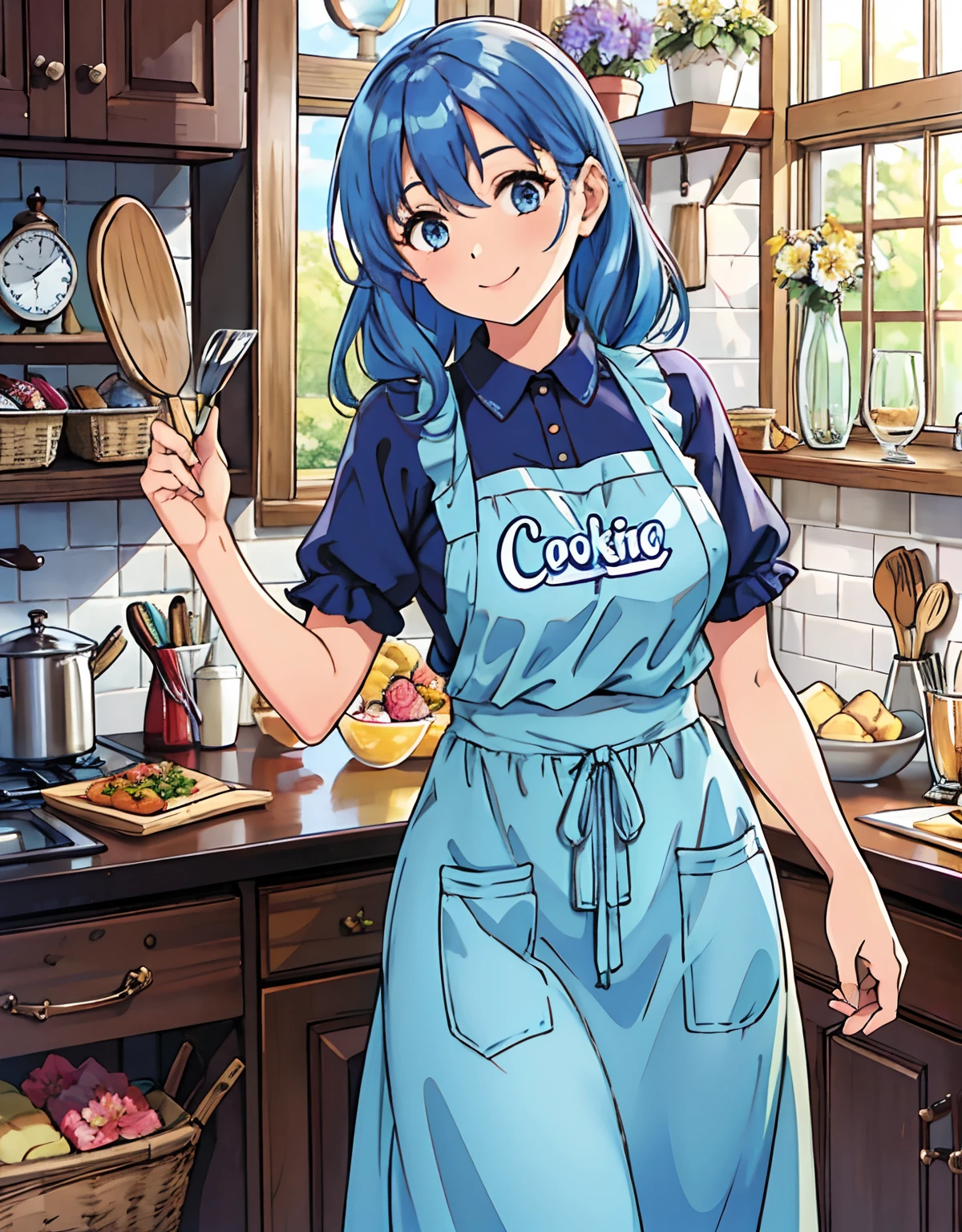 (Best Quality, Masterpiece), Front cover of a women's cooking magazine, 1girl, 30 years old, long blue hair,stunning, cute, heartwarming smile, hourglass figure, wearing floral dress, pinny apron, beautiful food, text, diagrams, advertisements, magazine title