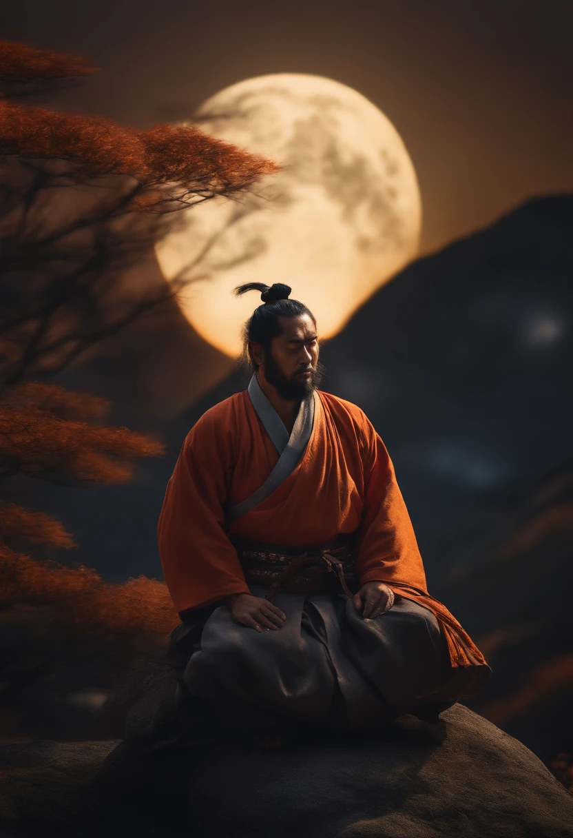 homem, samurai de meia idade meditando ao ar livre, fluttering hair moonlight scenery and blurry background (obra-prima) (8k high resolution) (melhor qualidade) (Ultra Definition) (Ultra realista)(Foto RAW) (Foto realista) (bright illumination)