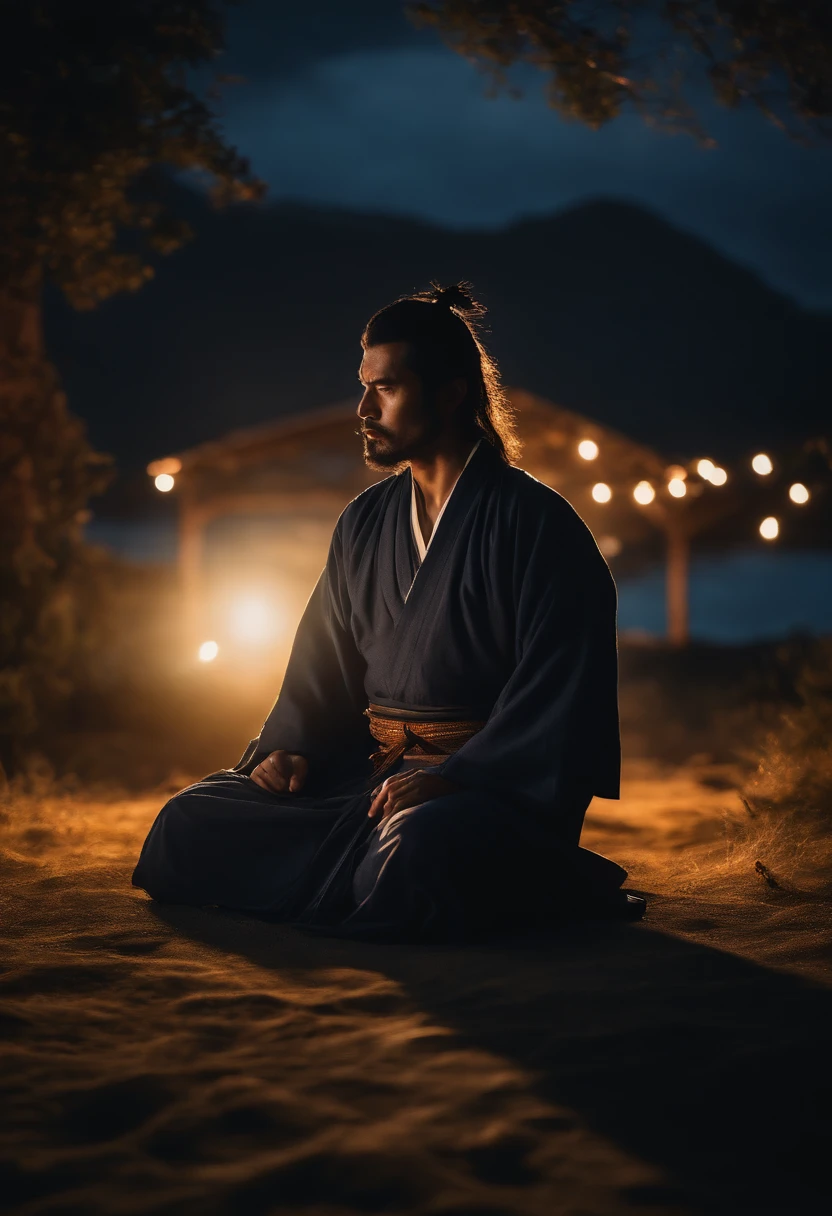 homem, samurai de meia idade meditando ao ar livre, fluttering hair moonlight scenery and blurry background (obra-prima) (8k high resolution) (melhor qualidade) (Ultra Definition) (Ultra realista)(Foto RAW) (Foto realista) (bright illumination)