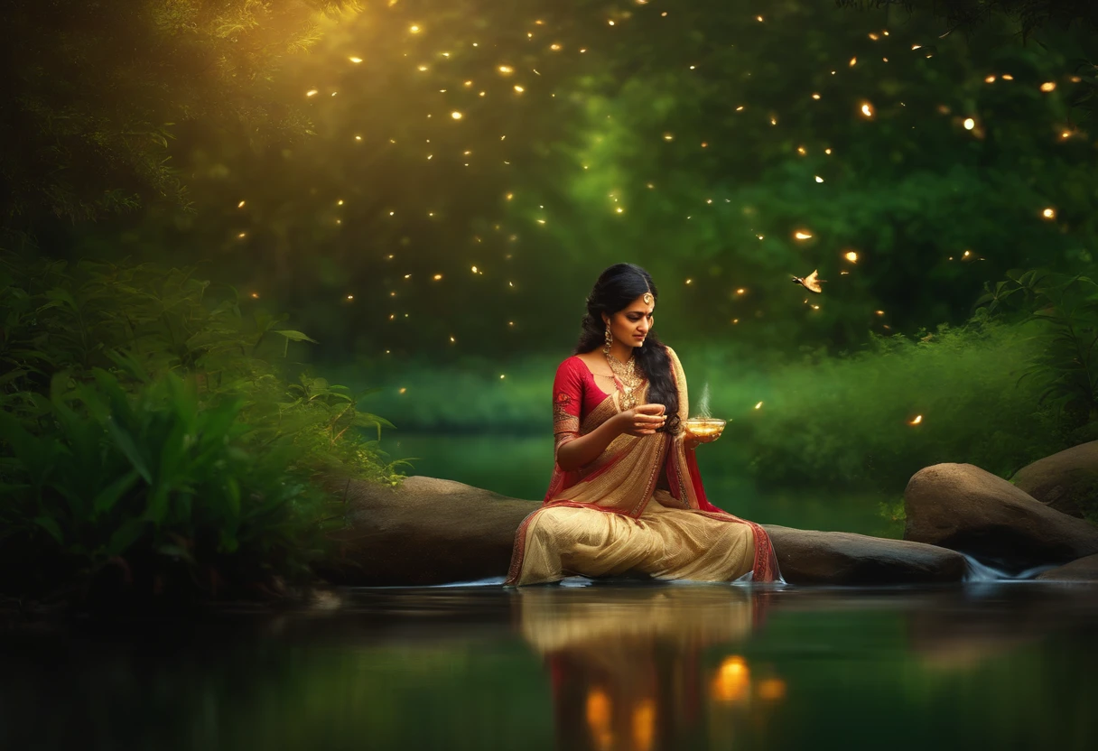 Amidst a verdant oasis, an Indian lady sips herbal tea, her heart beats in harmony with the rhythmic flow of a tranquil stream running through the garden, fireflies illuminate the twilight, casting a magical, ethereal glow, capturing a moment of profound connection between nature and soul, Digital artwork with a soft focus effect, --ar 16:9 --v 5