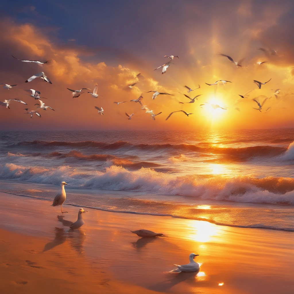 sunraise, suns, beam of light, Sunrise over the sea, the sea, seagulls, UHD, retina, masterpiece, ccurate, super detail, high details, high quality, award winning, best quality, highres, 16k