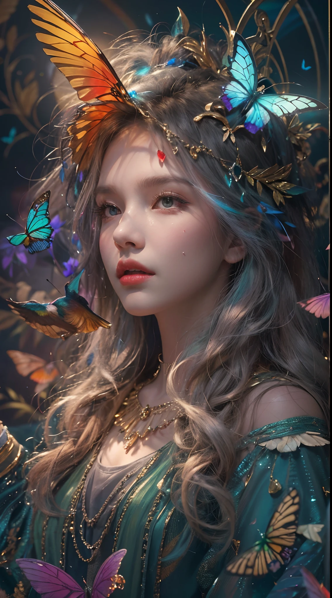 (((Masterpiece))), (((opulent))), (((Best quality))), ((Ultra-detailed)), (Highly detailed CG illustration), ((An extremely delicate and beautiful)), Cinematic light. Create stunning fantasy artwork,Imitate the style of the currently popular genre masters. The artwork should contain rich and ornate elements of mythological fantasy and fairy tale fantasy,And with colorful rainbow accents and deep gemstone tones. ((Use the rainbow as the main color scheme.)) The character in the work is a delicate but strong petite character,Exudes an aura of mystery and magic. Pay close attention to intricate facial features, For example, captivating eyes with bright colors and bold shadows. The character's clothes should be designed with gossamer feathers, Silk, Amazing embroidery, and subtle iridescent details. merging (((Translucent rainbow))), Dreamy colors, Dynamic lighting, and detailed background elements,Create a sense of awe and immersion. ((These include colorful flying magical birds and jewel-hued rainbow butterflies that exude magical halos.)) Consider the latest trends in fantasy art, such as incorporating unique lighting effects, Explore dynamic and compelling compositional techniques, And try a unique color palette. Take inspiration from top artists on ArtStation and Midjourney. camera: Choose an angle that highlights the beauty of the characters and enhances the magical majesty of the artwork. lighting: Create depth and atmosphere with atmospheric lighting technology. Resolution: Aim for high-resolution artwork,to showcase intricate detail and clarity. Artistic inspiration: Get inspiration from popular artists on ArtStation, Explore different styles, genre, and the theme.