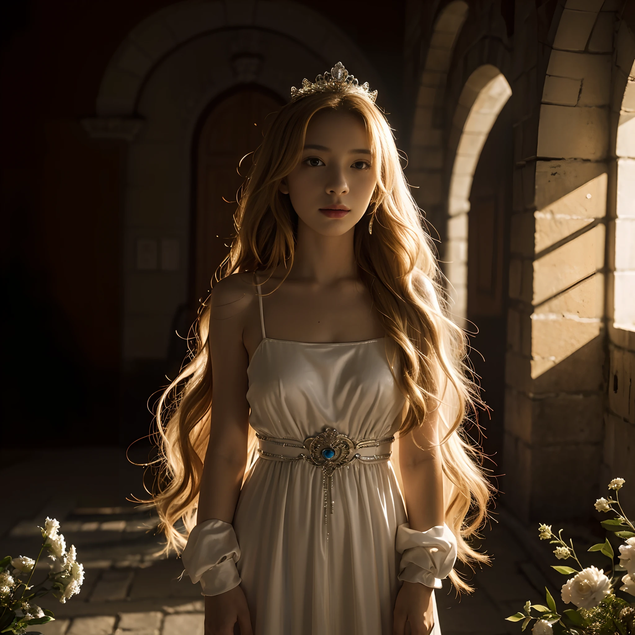 (((nffsw))), (((masutepiece))), (((8K))), (((hight resolution))), (((surrealism))), (((Cinematic lighting))), god rays, Zoom Layer, (((FULL BODYSHOT))), F/4.0, canon, Shiny skin,Detailed skin,Detailed face, Detailed eyes, girl, Blonde long hair, Young princess in French folktale, Glamorous dress studded with jewels、tiarra、Old castles in France、