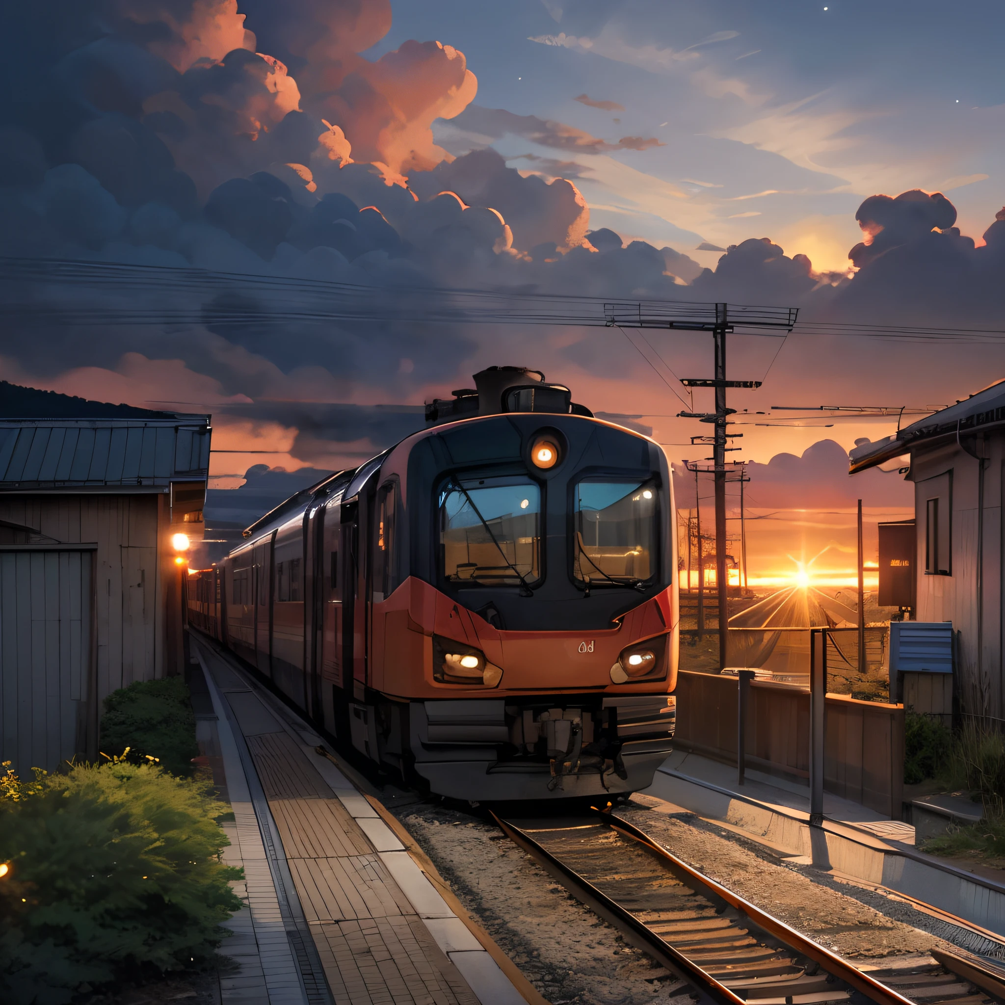 landscape，Train，Bokeh，Anime style，Blue sky，There are clouds in the sky，The train drove across the lake，The surface of the water reflects the light and shadow of the train，the setting sun，The picture is warm，The rails are continuous，The train travels on the tracks，The railway enters the end of the frame from the edge of the frame，Makoto Shinkai's painting style，Track sleepers are arranged at certain intervals，The sky is orange-red，Burning clouds，Medium length trains，More train details，There is only one train