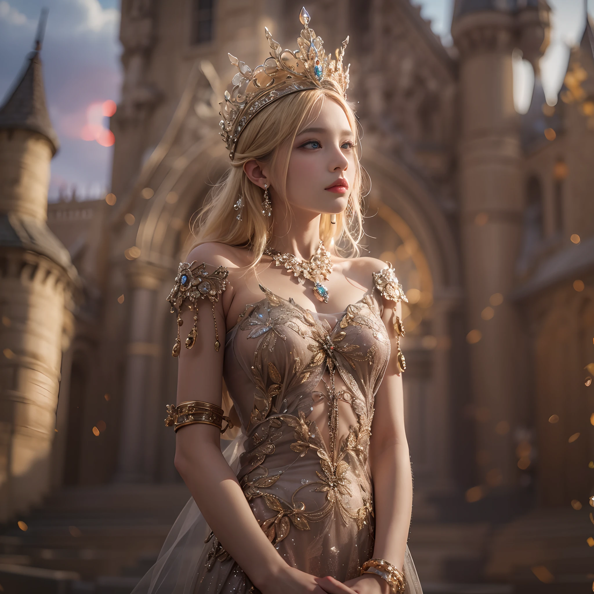(((nffsw))), (((masutepiece))), (((8K))), (((hight resolution))), (((surrealism))), (((Cinematic lighting))), god rays, Zoom Layer, (((FULL BODYSHOT))), F/4.0, canon, Shiny skin,Detailed skin,Detailed face, Detailed eyes, girl, Blonde hair, Young princess in French folktale, Glamorous dress encrusted with jewels、tiarra、Old castles in France、