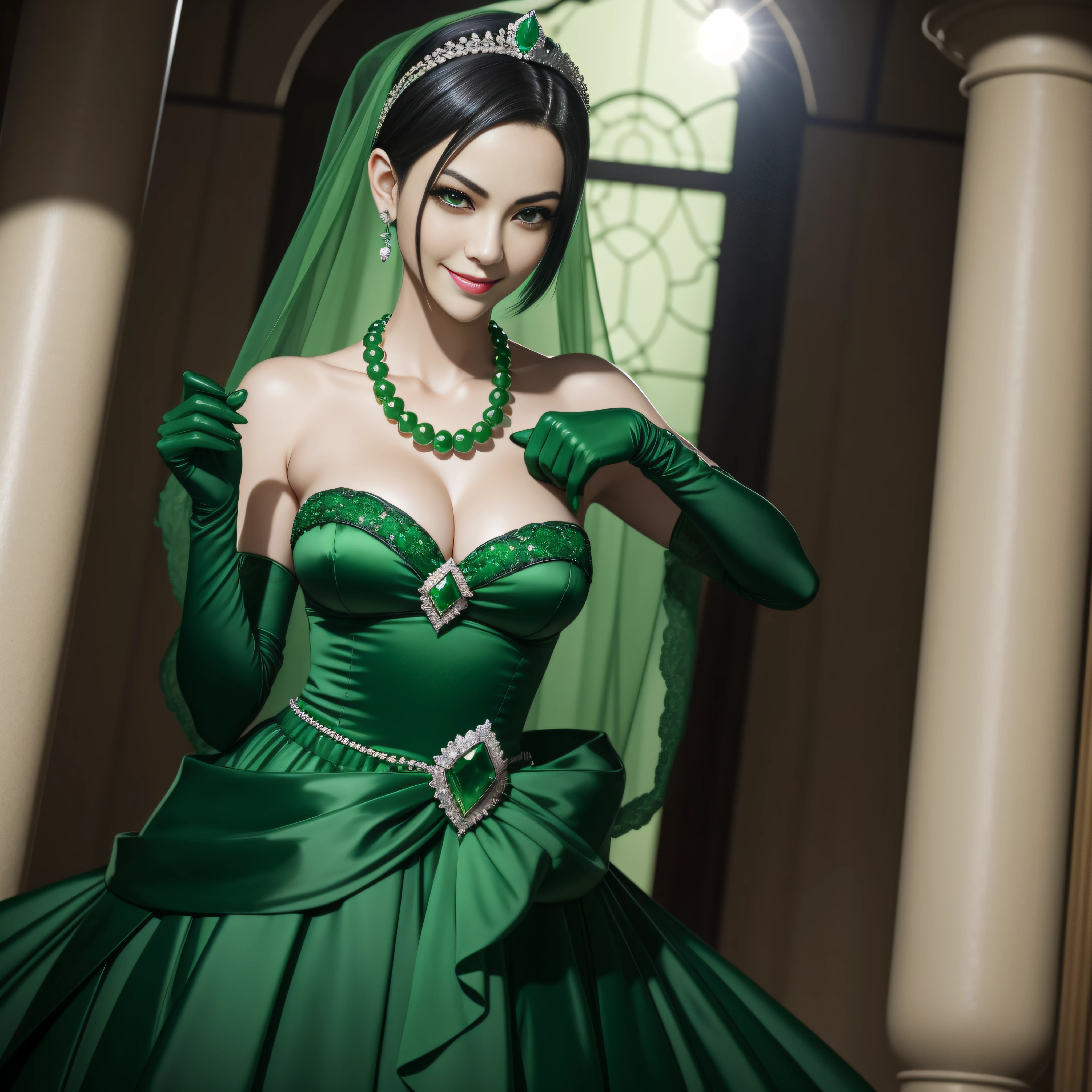 emerald tiara, Green Pearl Necklace, Boyish very short black hair, lipsticks, Japan woman smiling, very very short green hair, big breasts beautiful, Green eyes, Long green gloves made of satin material, Green eyes