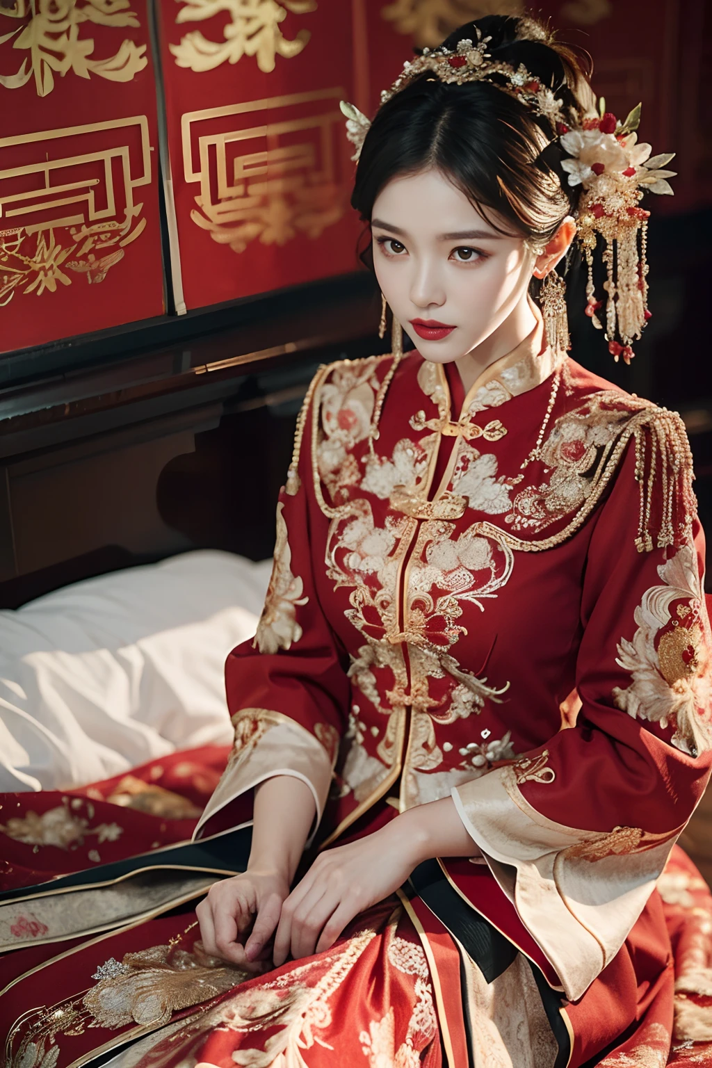 (ultra realistic 8k CG:1.2),perfect artwork,delicate pattern,intricate detail, (unparalleled masterpiece,best quality:1.2),(extremely intricate:1.2),a woman in a red and gold dress, Phoenix crown,hair stick,(sitting on red bed),Cosmetic,blush,shy,black_hair, looking down, Cosmetic,(forehead dot),(2 red candles), chinese_clothes, curtains, earrings, hair_ornament, hanfu, indoors, jewelry, red nails, long_sleeves, red dress, red lips, tassel, (Red quilt),(red palace:1.2),(ancient Chinese architecture),(red:1.8),night