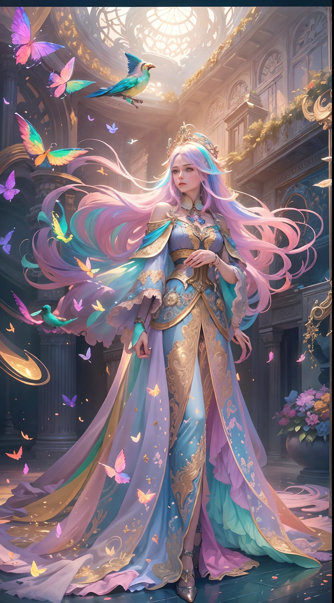 (((Masterpiece))), (((opulent))), (((Best quality))), ((Ultra-detailed)), (Highly detailed CG illustration), ((An extremely delicate and beautiful)), Cinematic light. Create stunning fantasy artwork,Imitate the style of the currently popular genre masters. The artwork should contain rich and ornate elements of mythological fantasy and fairy tale fantasy,And with colorful rainbow accents and deep gemstone tones. ((Use the rainbow as the main color scheme.)) The character in the work is a delicate but strong petite character,Exudes an aura of mystery and magic. Pay close attention to intricate facial features, For example, captivating eyes with bright colors and bold shadows. The character's clothes should be designed with gossamer feathers, Silk, Amazing embroidery, and subtle iridescent details. merging (((Translucent rainbow))), Dreamy colors, Dynamic lighting, and detailed background elements,Create a sense of awe and immersion. ((These include colorful flying magical birds and jewel-hued rainbow butterflies that exude magical halos.)) Consider the latest trends in fantasy art, such as incorporating unique lighting effects, Explore dynamic and compelling compositional techniques, And try a unique color palette. Take inspiration from top artists on ArtStation and Midjourney. camera: Choose an angle that highlights the beauty of the characters and enhances the magical majesty of the artwork. lighting: Create depth and atmosphere with atmospheric lighting technology. Resolution: Aim for high-resolution artwork,to showcase intricate detail and clarity. Artistic inspiration: Get inspiration from popular artists on ArtStation, Explore different styles, genre, and the theme.