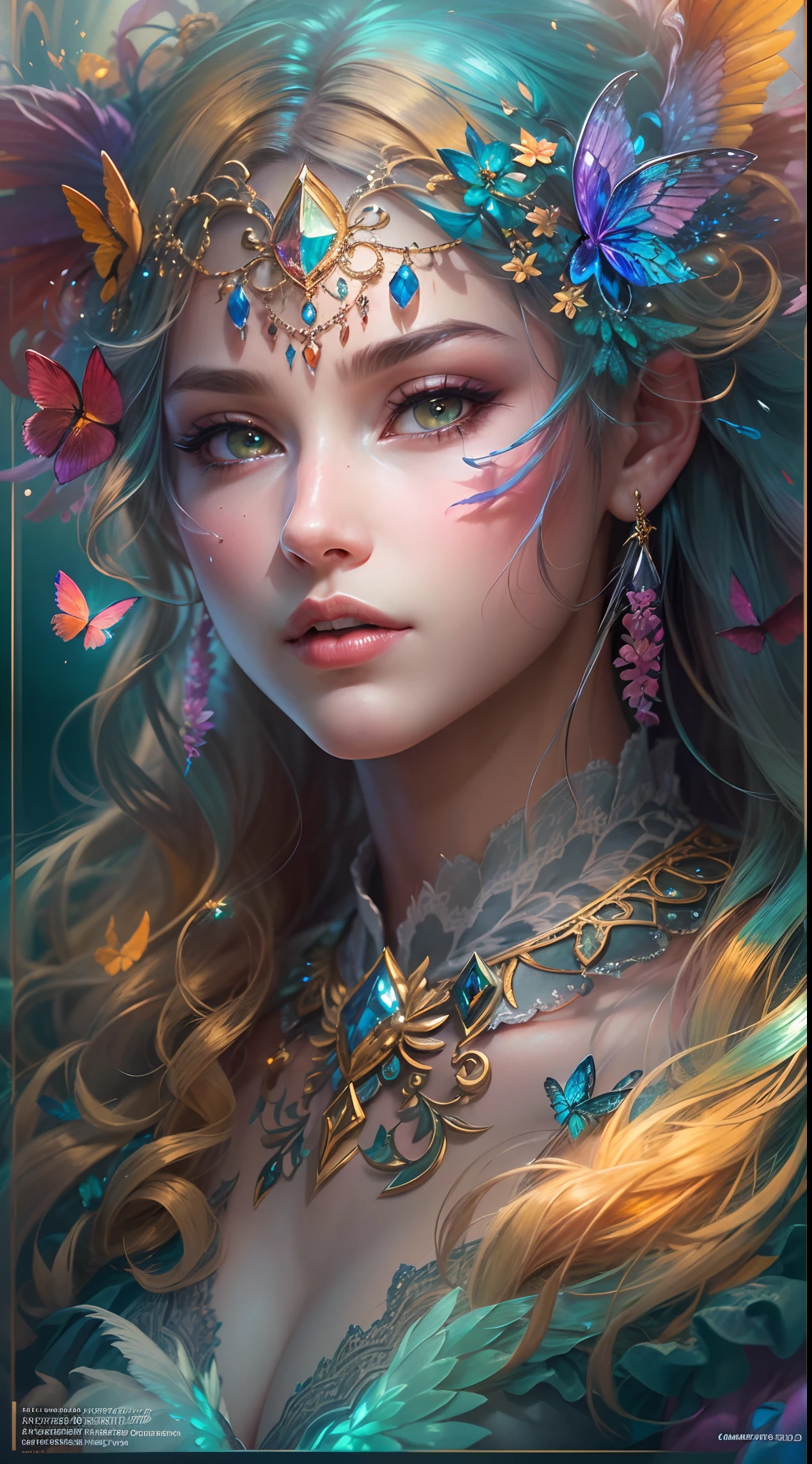(((Masterpiece))), (((opulent))), (((Best quality))), ((Ultra-detailed)), (Highly detailed CG illustration), ((An extremely delicate and beautiful)), Cinematic light. Create stunning fantasy artwork,Imitate the style of the currently popular genre masters. The artwork should contain rich and ornate elements of mythological fantasy and fairy tale fantasy,And with colorful rainbow accents and deep gemstone tones. ((Use the rainbow as the main color scheme.)) The character in the work is a delicate but strong petite character,Exudes an aura of mystery and magic. Pay close attention to intricate facial features, For example, captivating eyes with bright colors and bold shadows. The character's clothes should be designed with gossamer feathers, Silk, Amazing embroidery, and subtle iridescent details. merging (((Translucent rainbow))), Dreamy colors, Dynamic lighting, and detailed background elements,Create a sense of awe and immersion. ((These include colorful flying magical birds and jewel-hued rainbow butterflies that exude magical halos.)) Consider the latest trends in fantasy art, such as incorporating unique lighting effects, Explore dynamic and compelling compositional techniques, And try a unique color palette. Take inspiration from top artists on ArtStation and Midjourney. camera: Choose an angle that highlights the beauty of the characters and enhances the magical majesty of the artwork. lighting: Create depth and atmosphere with atmospheric lighting technology. Resolution: Aim for high-resolution artwork,to showcase intricate detail and clarity. Artistic inspiration: Get inspiration from popular artists on ArtStation, Explore different styles, genre, and the theme.