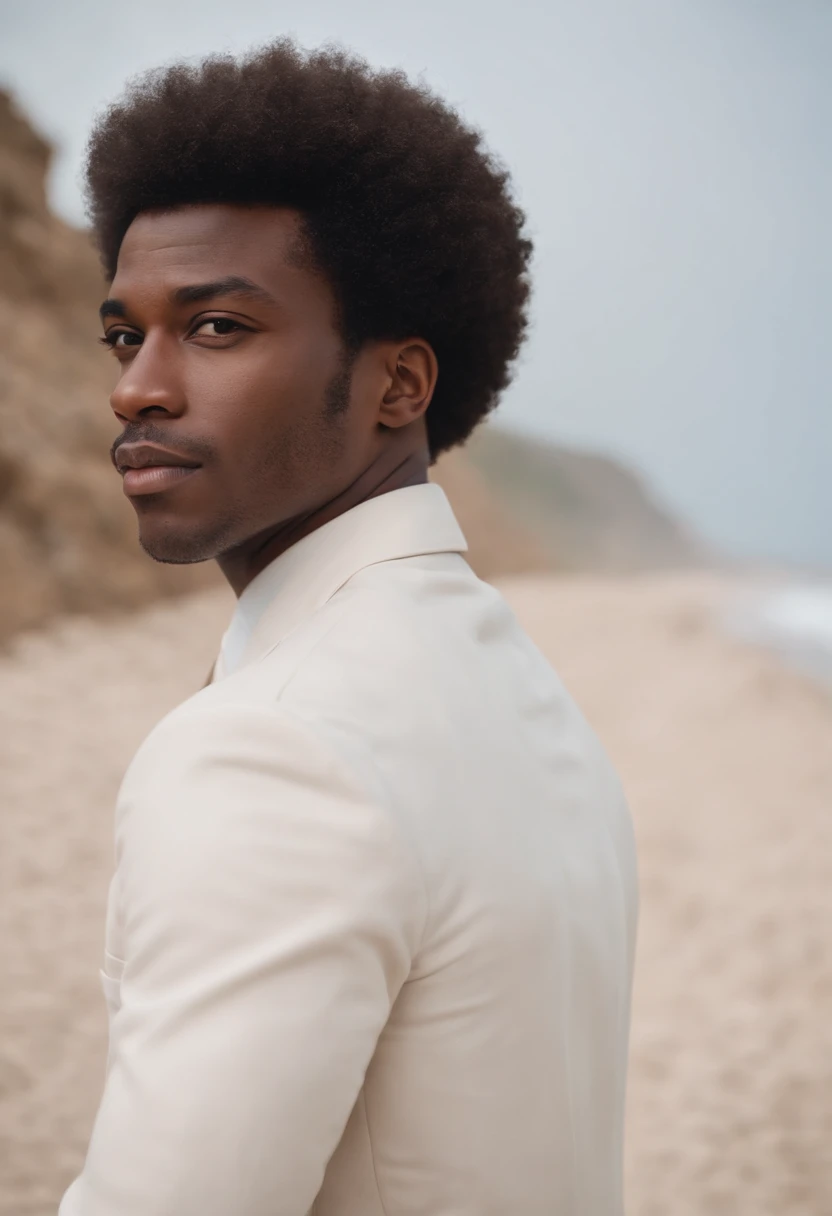 black man, black man with afro, black man on beach bench, hot oild body, six pack, black man in suit, light tinted skin, lots of hair, afro hair style, lots of hair on head,
