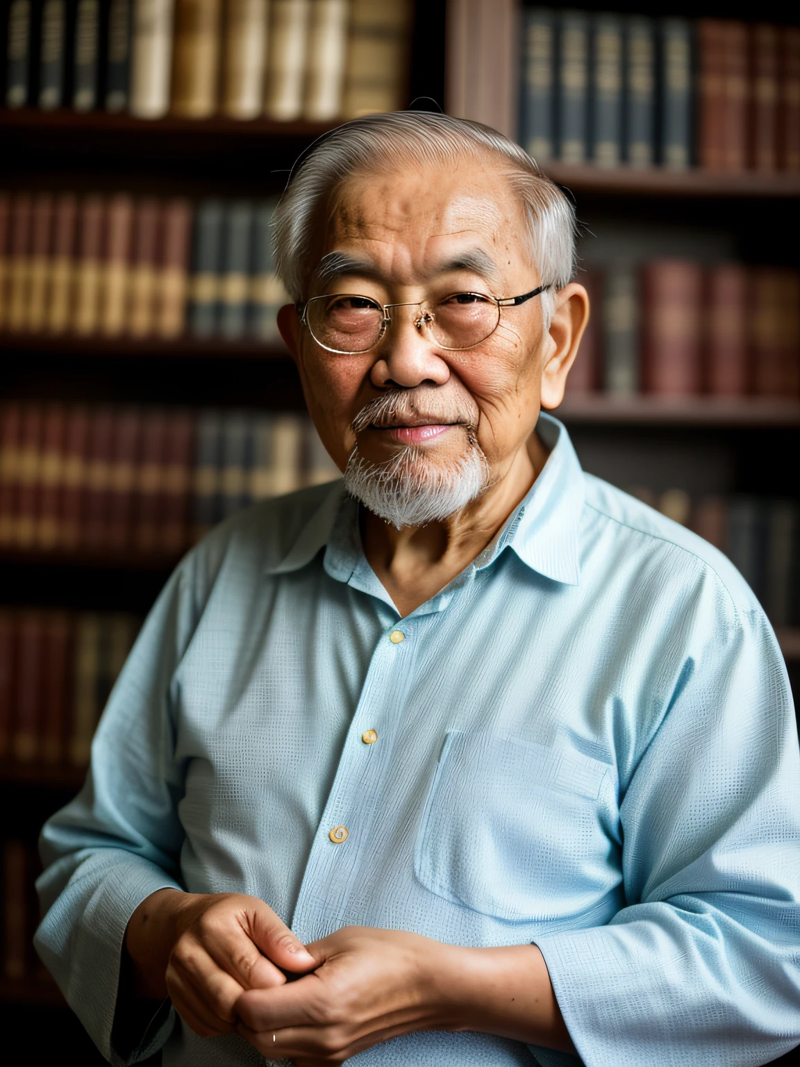 Hyper-Resolution, Ultra photo realsisim, cinema shot, Vignette, Portrait of an 80-year-old Asian man,Look at the viewer,An elderly Asian man,Books in hand,Spiritual old man,Single image,Thin and thin, Old blue eyes, Short white hair, Bookshelf background,White Viking beard, Narrow face,dark-skin, Wide shoulders, Weathered by sunlight and water, Gold pattern royal twin peaks, The Royal Chambers camera is focused on the eye, High focal length, Bust photo,Faraway view,Digital SLR, Dark Studio, rim lit, twotonelighting, Dimly lit, low tune, Backlight,