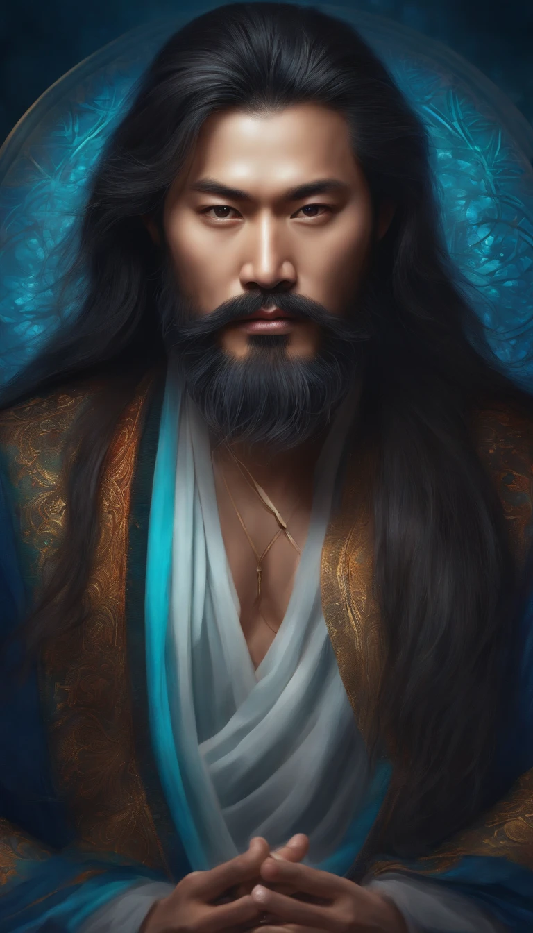 A 35-year-old middle-aged Asian man，Long hair，Long beard，staring right into camera，Meditate cross-legged, at centre，Clear facial features，Very bright colors, Light particles, with light glowing, Mshiv, wallpaper art, UHD wallpaper