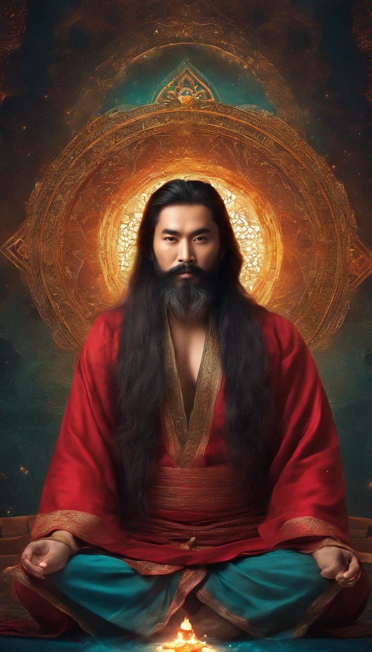 A 35-year-old middle-aged Asian man,Long hair,Long beard,staring right into camera,Meditate cross-legged, at centre,Clear facial features,Very bright colors, Light particles, with light glowing, Mshiv, wallpaper art, UHD wallpaper