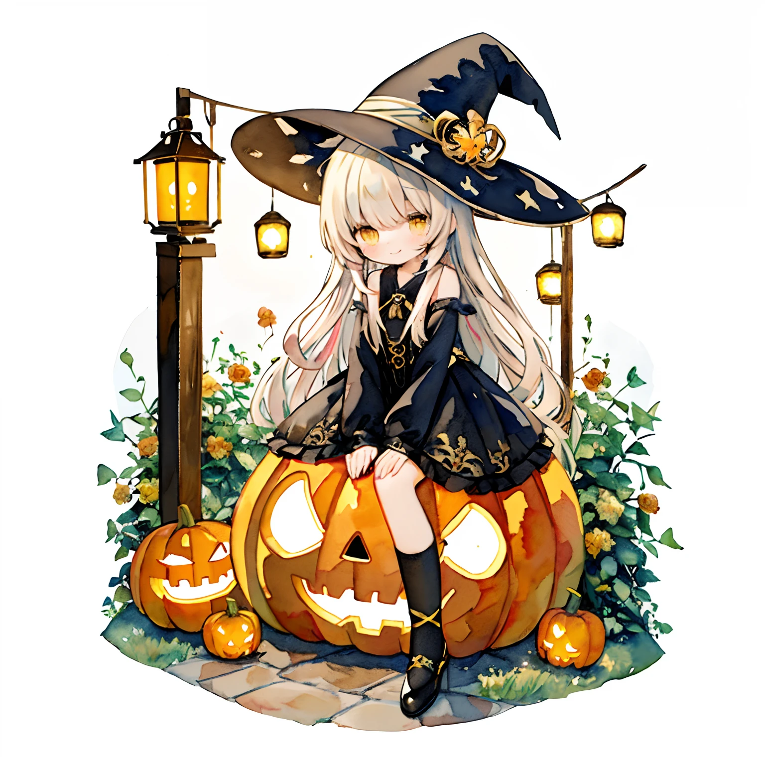 PastelColors:1.5)、(Cute illustration:1.5)、(watercolor paiting:1.2)、Light blue background、girl with、full body Esbian、facing front、Pumpkin motif、Smile on your lips、Looks fun、Innocence、Golden hair、lantern、Small cloth and mini hat、Small top hat、Pumpkin in a hat、natta、murky、Sit on the pumpkin、ivy、stretch、Yellow eyes、Like a witch's suit、Orange motif、White cloth、Street