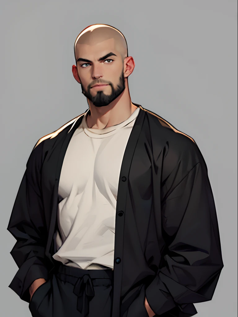 Man standing in relaxed pose, 28 years old, slightly muscular, slight smile, grey eyes, full beard, shaved head, eyebrows neutral, wearing black oversize shirt, looking at viewer