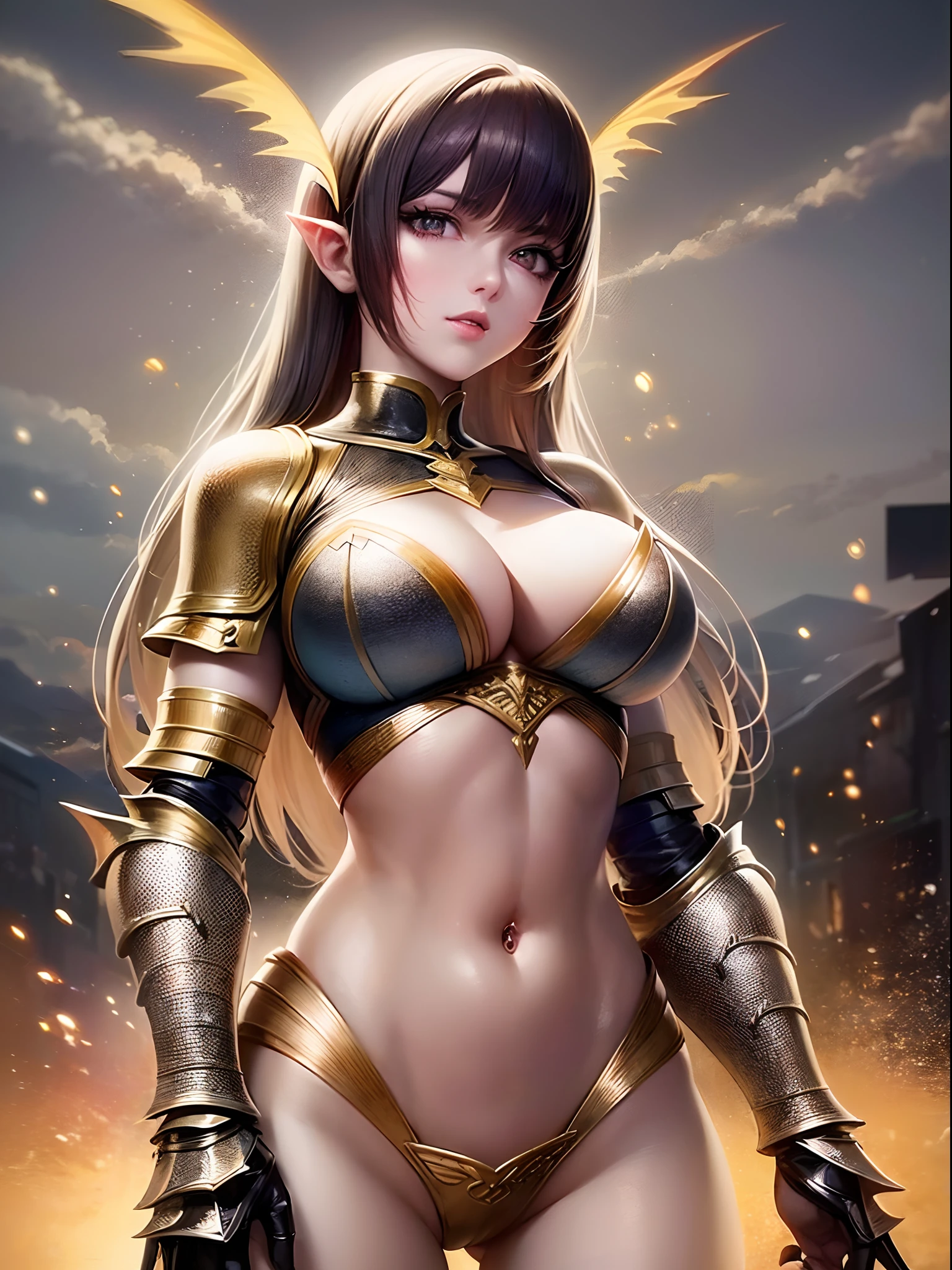 ((Finest quality)),(超A high resolution),(ultra-detailliert),(Meticulous portrayal),((Best Anime)),(Finest works of art),sharpnes,Clair, Dark clouds:1.6,thunderbolt, (Woman in revealing armor:1.5),cleavage of the breast:1.5,belly button piercing,Proportioned proportions