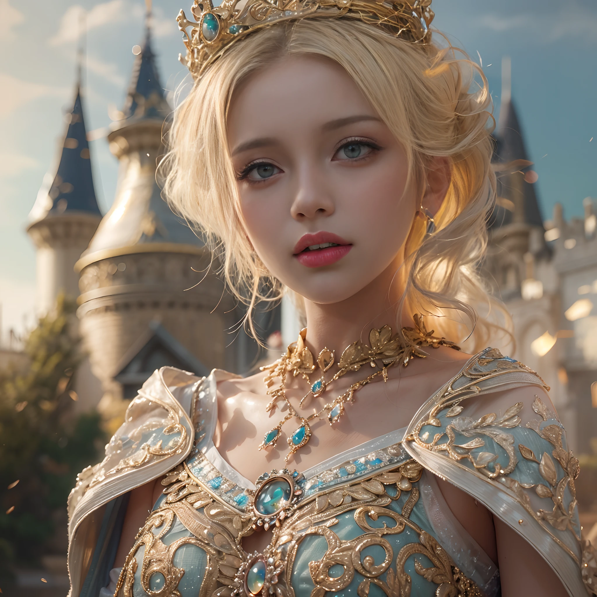 "A full-body shot of a realistic fairytale scene in a magical palace in a beautiful magical forrest, bathed in sunlighting."Beautiful pastel colour pallette." "A fairy queen1 with realistic striking big blue eyes with eye makeup and a serious, direct gaze at the camera with golden extra long hair and perfect shaped pearly white teeth and pursed lips." " A Fairy queen2 with golden-brown long curly hair in a thin light blue dress is dancing with arms up in the air." "Twirling and dancing fairy princess with a long white hair in a sheer golden wet transparent dress outfit, big breasts, thin waist, big butt, looks provocative with her mouth almost sedusive at fairy queen2 laughing." "The lighting is natural and bright, highlighting their features and casting a soft glow around their hair, creating a high-contrast effect that emphasizes the subject's presence. " "A white rapid sits in on a decorative dining table" "while a rainbow colored bird perches on the top of the thin royal thrown". The realistic scene includes a strikingly beautiful fairy queens and a princesse in a beautiful and magical forrest palace. "The vast environment paints a magical but weird admosphere". # Configuration settings clip_guidance_scale = 20 # High adherence to the detailed prompt, emphasizing facial features hr_scale = 2.0 # High resolution to capture intricate details in the hair and face. hr scale =2.0 # Perfect human female body. Best hands 1:1, super realistic hair 1:1, hyper realistic eyes 1:1, extra detailed delicate moist skin, most detaled and realistic face 1:1. #A realistic stage with thorough details and clear focus on the queens.