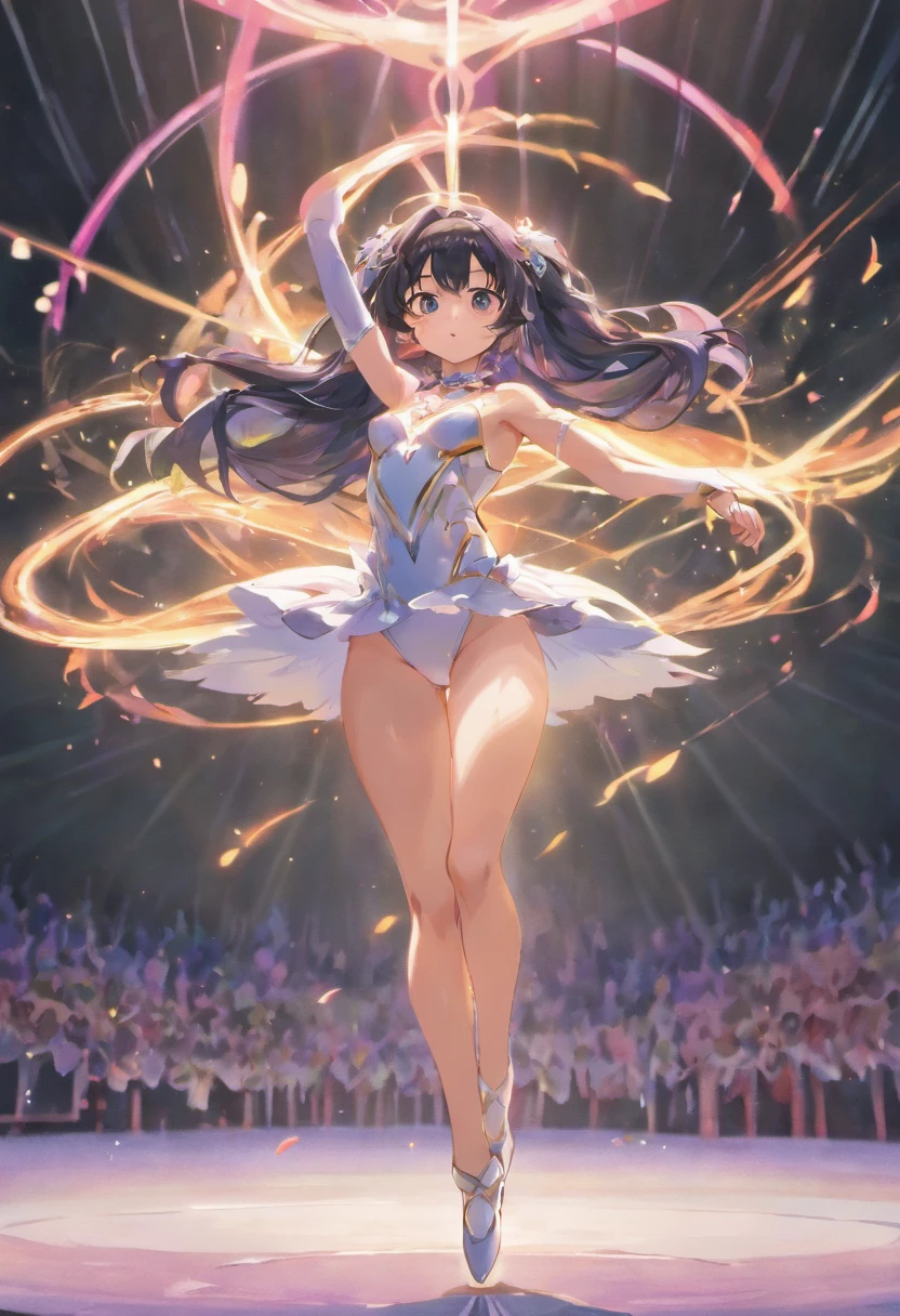 Standing with one leg raised high、No panties、 genitals are showing through、Glossy pure white rhythmic gymnastics leotard、sexy pose、no-bra、huge tit、Shiny black long hair、Shameful、Rhythmic gymnastics arena