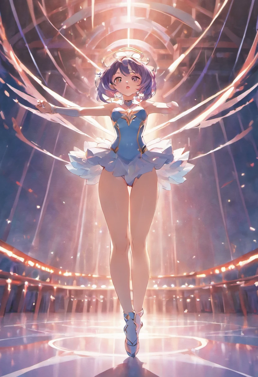 Standing with one leg raised high、No panties、 genitals are showing through、Glossy pure white rhythmic gymnastics leotard、sexy pose、no-bra、huge tit、Shiny black long hair、Shameful、Rhythmic gymnastics arena