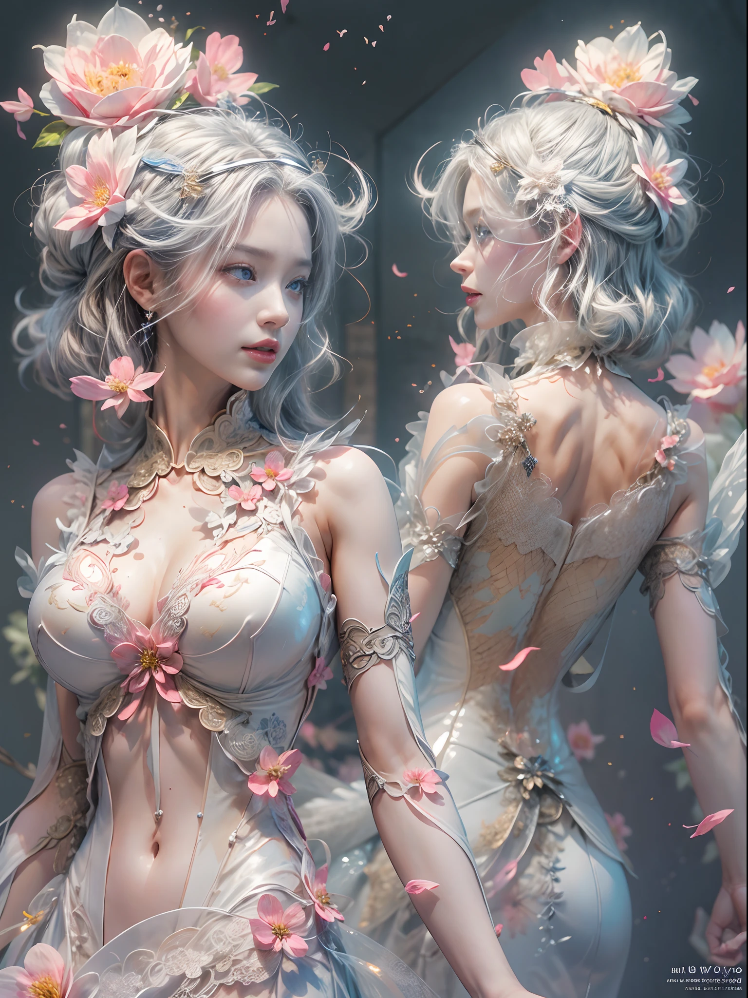 （Blind box toy style：1.2），（fully body photo），1个Giant Breast Girl，Accurate and perfect Japanese female face，The body of the golden ratio，Behind him stands a transparent Chinese dragon，(Mechanical limb，Mechanical torso，Made of shiny white and silver translucent glass and titanium， Delicate lace dress, joyful expressions, Vibrant colors, Peach blossom background,Peach blossom petals fall, Bright sunlight,Delicate flower crown on the head：1.2，Blue eyes：1.2，future-tech，Oriental elements，Dreamy light)，（globalillumination，Ray traching，hdr，Unrealistic rendering，Rational design，high detal，tmasterpiece，best qualtiy，hyper HD，cinmatic lighting)
