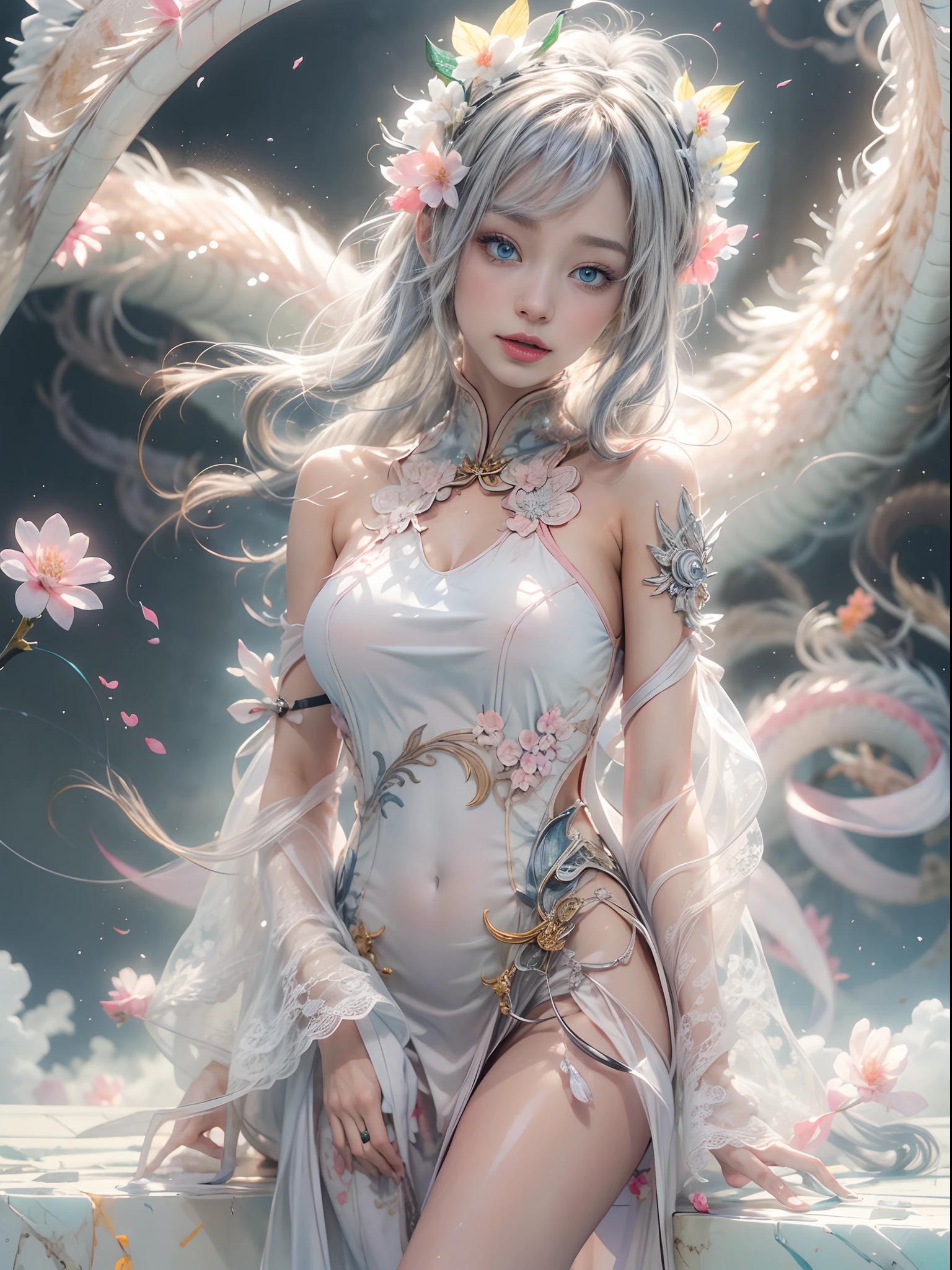 (Blind box toy style:1.2),(fully body photo),1个Giant Breast Girl,Accurate and perfect Japanese female face,The body of the golden ratio,Behind him stands a transparent Chinese dragon,(Mechanical limb,Mechanical torso,Made of shiny white and silver translucent glass and titanium, Delicate lace dress, joyful expressions, Vibrant colors, Peach blossom background,Peach blossom petals fall, Bright sunlight,Delicate flower crown on the head:1.2,Blue eyes:1.2,future-tech,Oriental elements,Dreamy light),(globalillumination,Ray traching,hdr,Unrealistic rendering,Rational design,high detal,tmasterpiece,best qualtiy,hyper HD,cinmatic lighting)