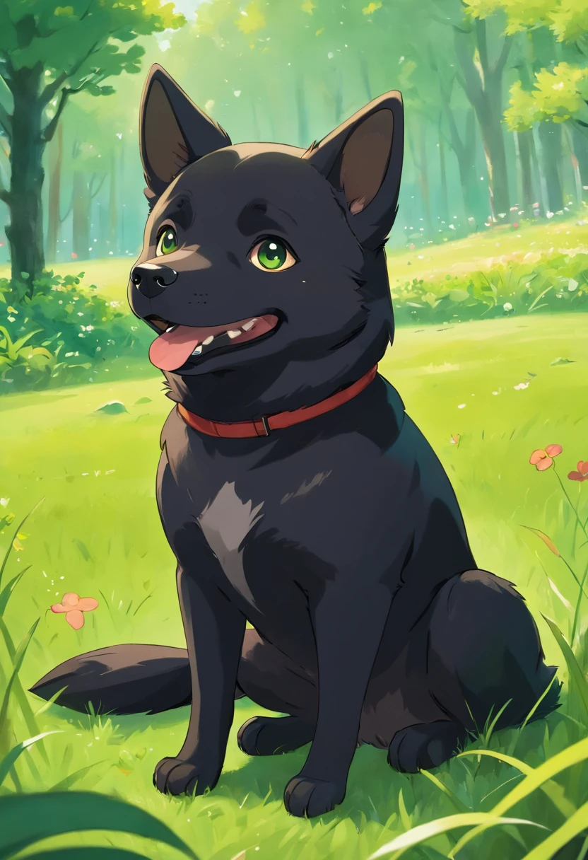 "A cute black Shiba Inu with a playful expression, sitting on a green grassy field."