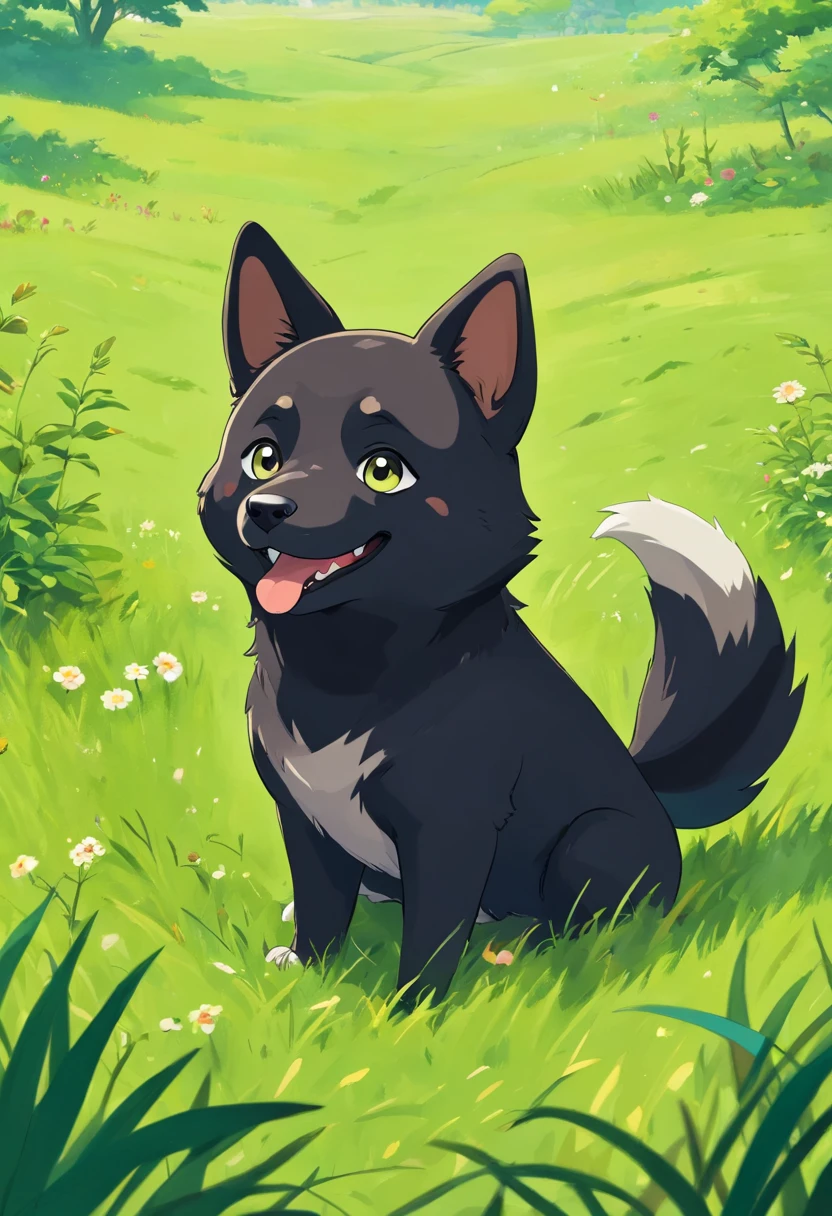 "A cute black Shiba Inu with a playful expression, sitting on a green grassy field."