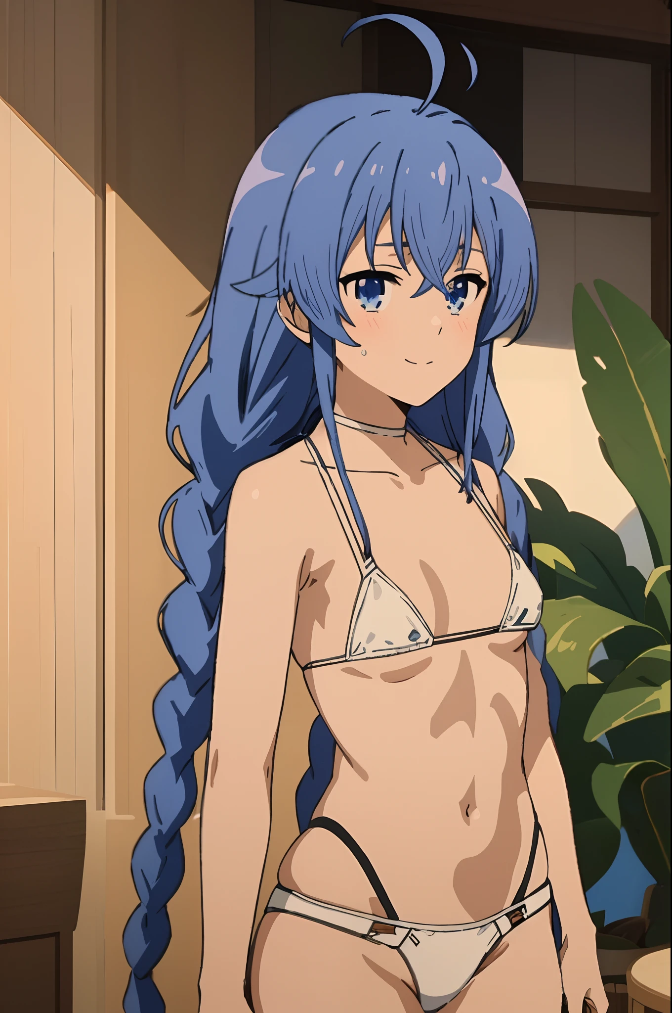 (masterpiece, best quality,), Roxy, 1girl, solo, light smile, light blush, twin braids, long hair, blue hair, ahoge, blue eyes, (((bikini))), (((white bikini))), small breasts, completely undressed, upper body, standing, looking at the viewer, sea