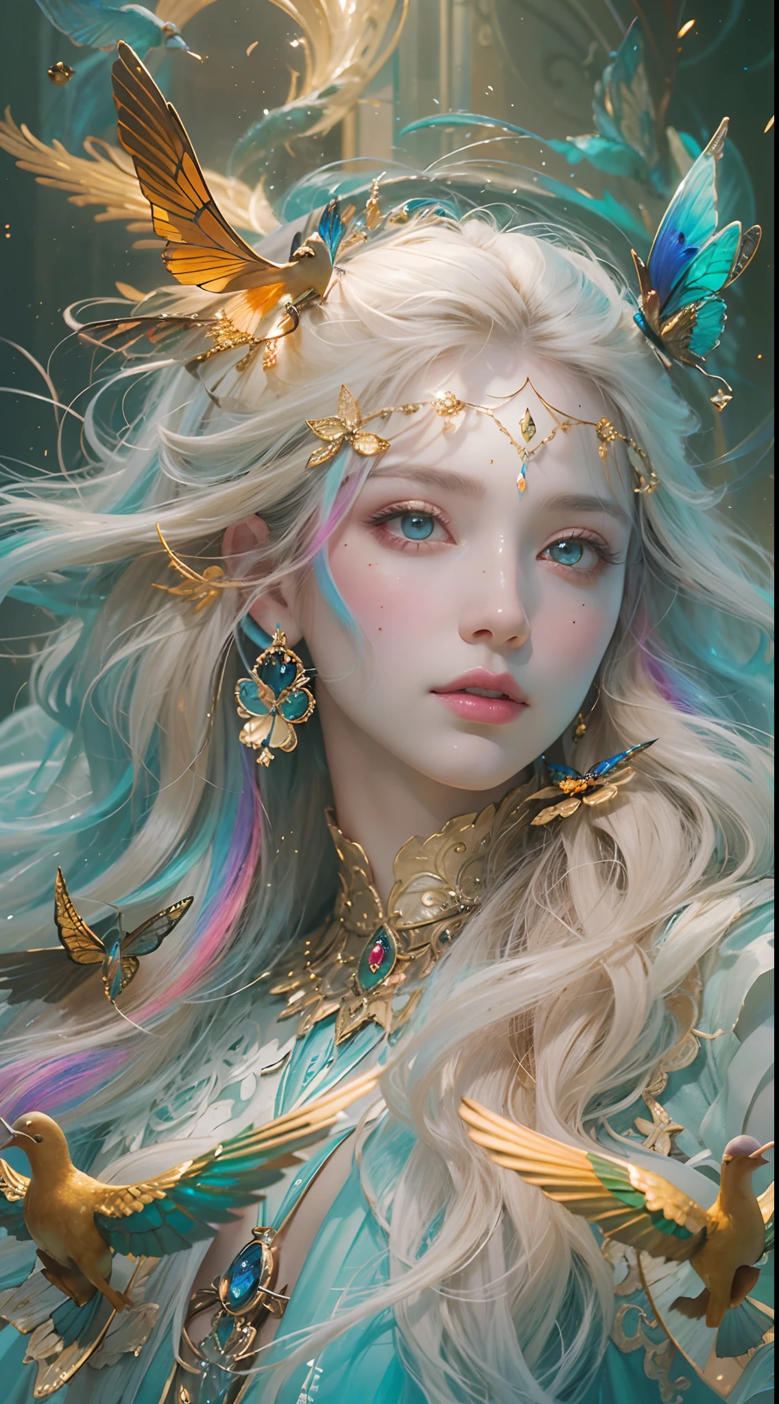 (((Masterpiece))), (((opulent))), (((Best quality))), ((Ultra-detailed)), (Highly detailed CG illustration), ((An extremely delicate and beautiful)), Cinematic light. Create stunning fantasy artwork,Imitate the style of the currently popular genre masters. The artwork should contain rich and ornate elements of mythological fantasy and fairy tale fantasy,And with colorful rainbow accents and deep gemstone tones. ((Use the rainbow as the main color scheme.)) The character in the work is a delicate but strong petite character,Exudes an aura of mystery and magic. Pay close attention to intricate facial features, For example, captivating eyes with bright colors and bold shadows. The character's clothes should be designed with gossamer feathers, Silk, Amazing embroidery, and subtle iridescent details. merging (((Translucent rainbow))), Dreamy colors, Dynamic lighting, and detailed background elements,Create a sense of awe and immersion. ((These include colorful flying magical birds and jewel-hued rainbow butterflies that exude magical halos.)) Consider the latest trends in fantasy art, such as incorporating unique lighting effects, Explore dynamic and compelling compositional techniques, And try a unique color palette. Take inspiration from top artists on ArtStation and Midjourney. camera: Choose an angle that highlights the beauty of the characters and enhances the magical majesty of the artwork. lighting: Create depth and atmosphere with atmospheric lighting technology. Resolution: Aim for high-resolution artwork,to showcase intricate detail and clarity. Artistic inspiration: Get inspiration from popular artists on ArtStation, Explore different styles, genre, and the theme.