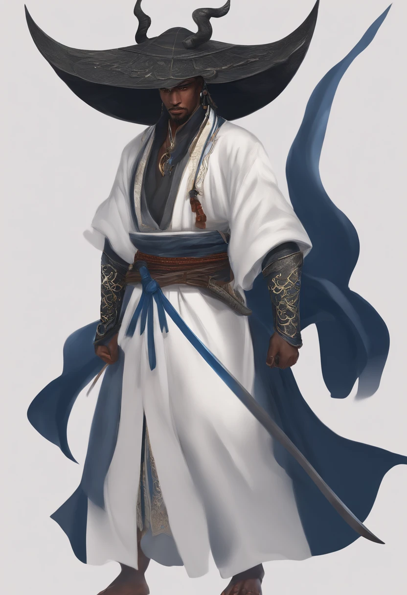 image with the head of a black guy, Evil painting style, A high resolution, Black color hair, Half is the body of a demon，Half a demon face, Chinese Warrior, Delicate three-dimensional blue flame demon face, sbeard, Wearing a hat, Expression of anger, Perfect body proportions, kaftan, Black and white robes, A scabbard hangs from his waist, Handsome, The seven-doppelganger has an unobstructed view, standing on your feet, （White background：1.3）, swordsman, He held a long knife that was wide and heavy in his hand。。。。。。。。。。。。。。。。。。, Face the lens, （Blackn clothes：0.8）, High detail, Masterpiece, ccurate, Anatomically correct, Textured skin