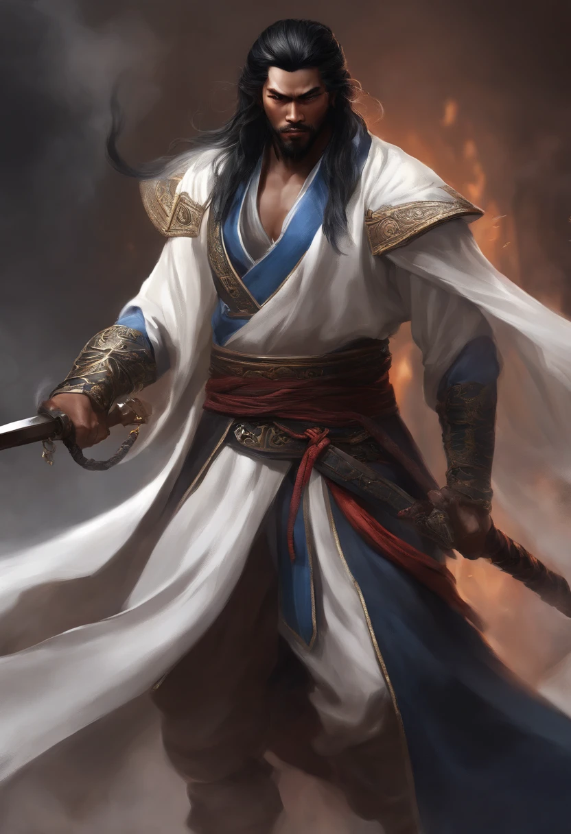 image with the head of a black guy, Evil painting style, A high resolution, Black color hair, Half is the body of a demon，Half a demon face, Chinese Warrior, Delicate three-dimensional blue flame demon face, sbeard, Wearing a hat, Expression of anger, Perfect body proportions, kaftan, Black and white robes, A scabbard hangs from his waist, Handsome, The seven-doppelganger has an unobstructed view, standing on your feet, （White background：1.3）, swordsman, He held a long knife that was wide and heavy in his hand。。。。。。。。。。。。。。。。。。, Face the lens, （Blackn clothes：0.8）, High detail, Masterpiece, ccurate, Anatomically correct, Textured skin