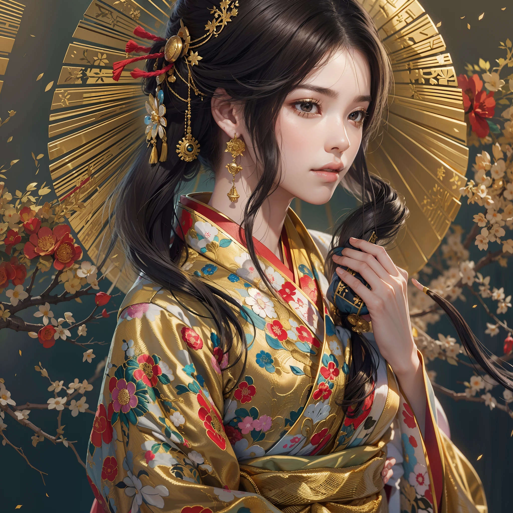 a moon、Detailed background((ancient city:1.2),细致背景)、Elegant backgrounds,Zen entanglement, mandalas, Tangled, Tangled,glossy dark hair,poneyTail,Lots of bouquets in hand, BREAK,elaborate costume{Luxury kimono(Colorful kimono(Detailed golden embroidery,))}、Japanese Idol(actress),Depict a beautiful and graceful woman of Japan。Heart in the eye。 Wallpaper 8K, .Blur the background with a sickle,((masutepiece)), ((Best Quality)),{{a portrait photo of}},full body Esbian