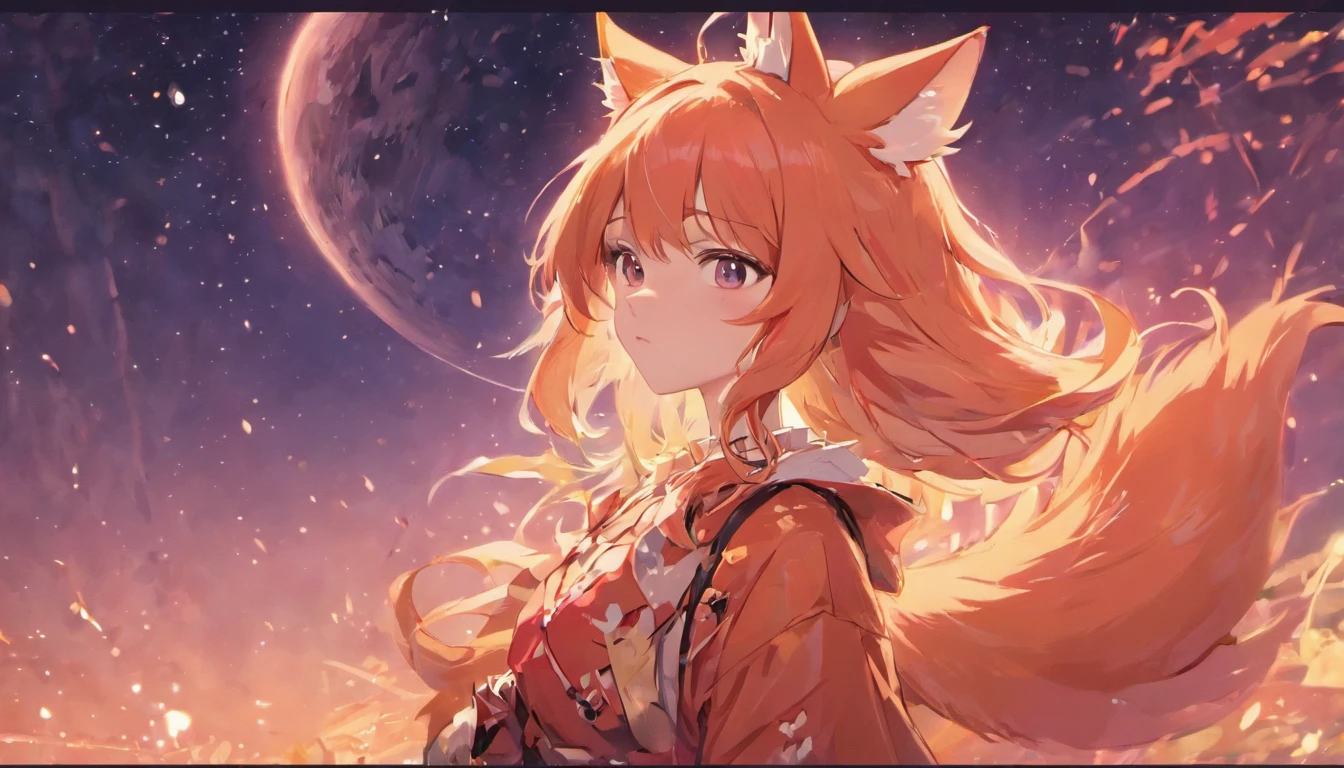 Classic configuration，Anthropomorphic pink fox，tusk，Night sky background，Bright moon，gorgeous costumes，Pupil details，Symmetrical pupils，Pupil Highlights，Clear lines，Shooting stars cross the night sky