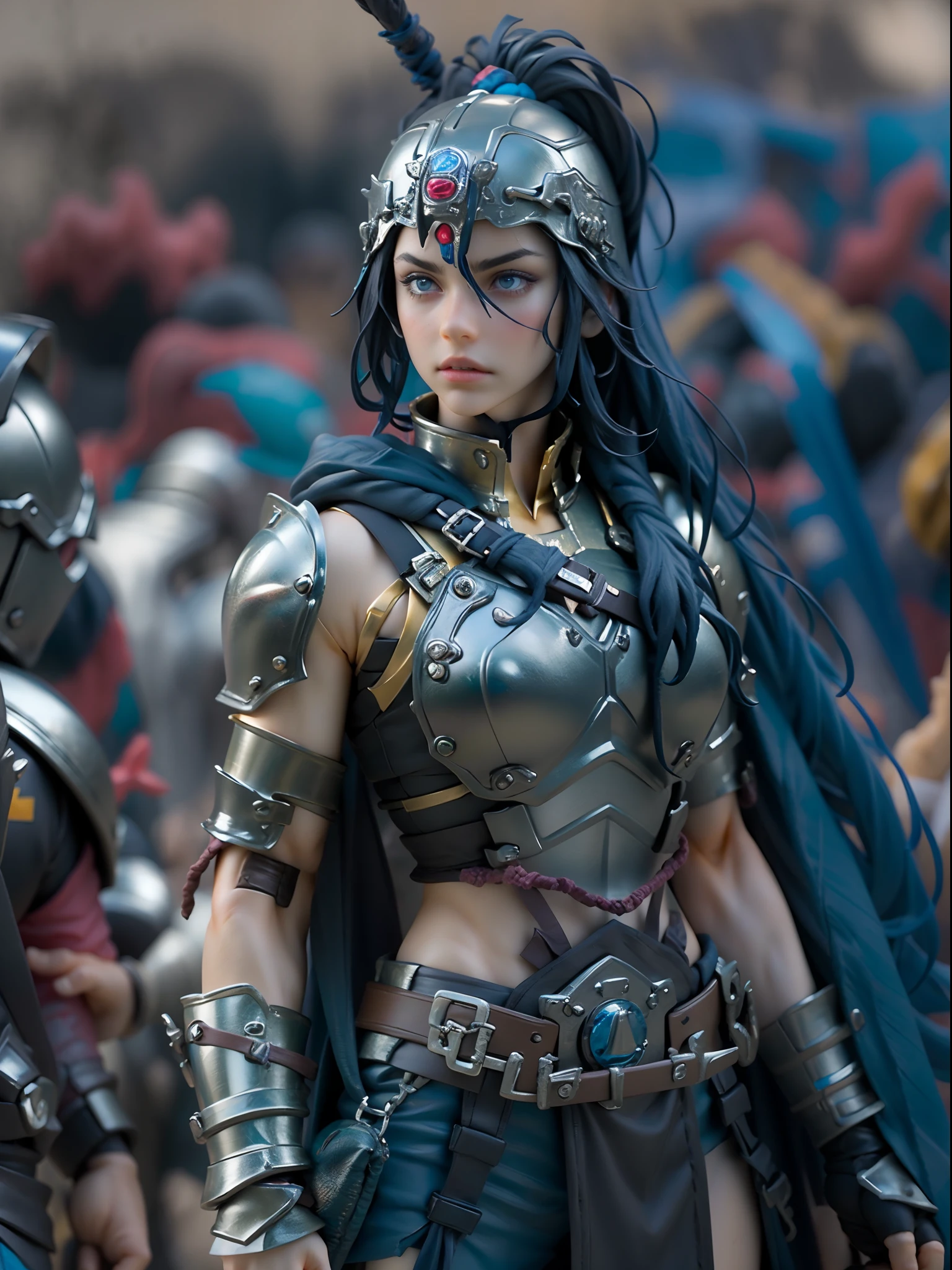 An action figure of a charismatic dark blue hair goddess woman dressed as a glad warrior holding a sword, by hot toys, sakimichan, gorgeous, beautiful cute face, blue anime eyes, gladiator, roman gladiator, in screenshot from the 300 movie, gladiator woman, gladiator armor, dressed in spartan armour, standing on the field of battle,cinematographic, ((Fullbody-shot)), apocalypse Scenery: gladiators , action film, detailed, film grain, grainy,