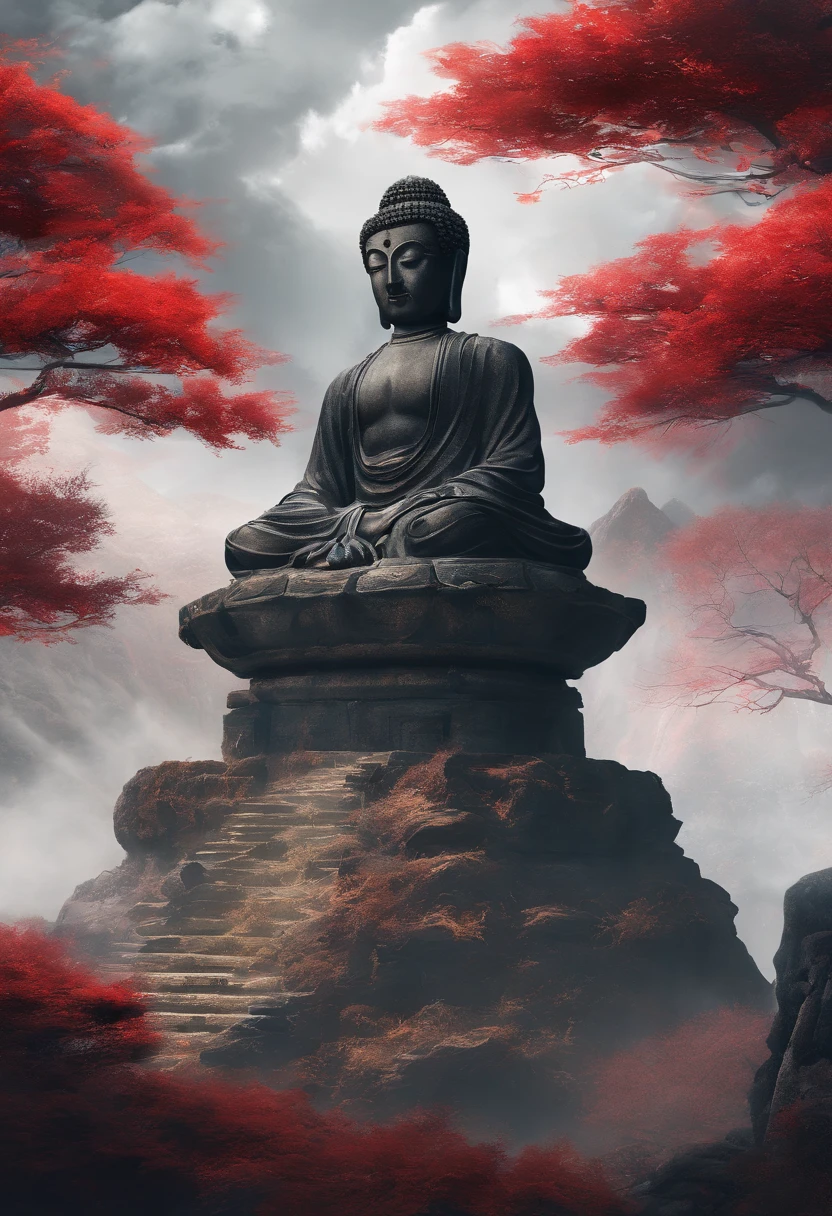 dark stormy clouds，Deep in the mountains stands a tall stone statue of Shakyamuni，Solemn and sacred，well dressed，The law is solemn，facing to audience，Mountains in the distance，Maple leaves in late autumn are red，Concept photography，Rich imagination，Extremely rich picture detail，8k wallpaper，A masterpiece of photography