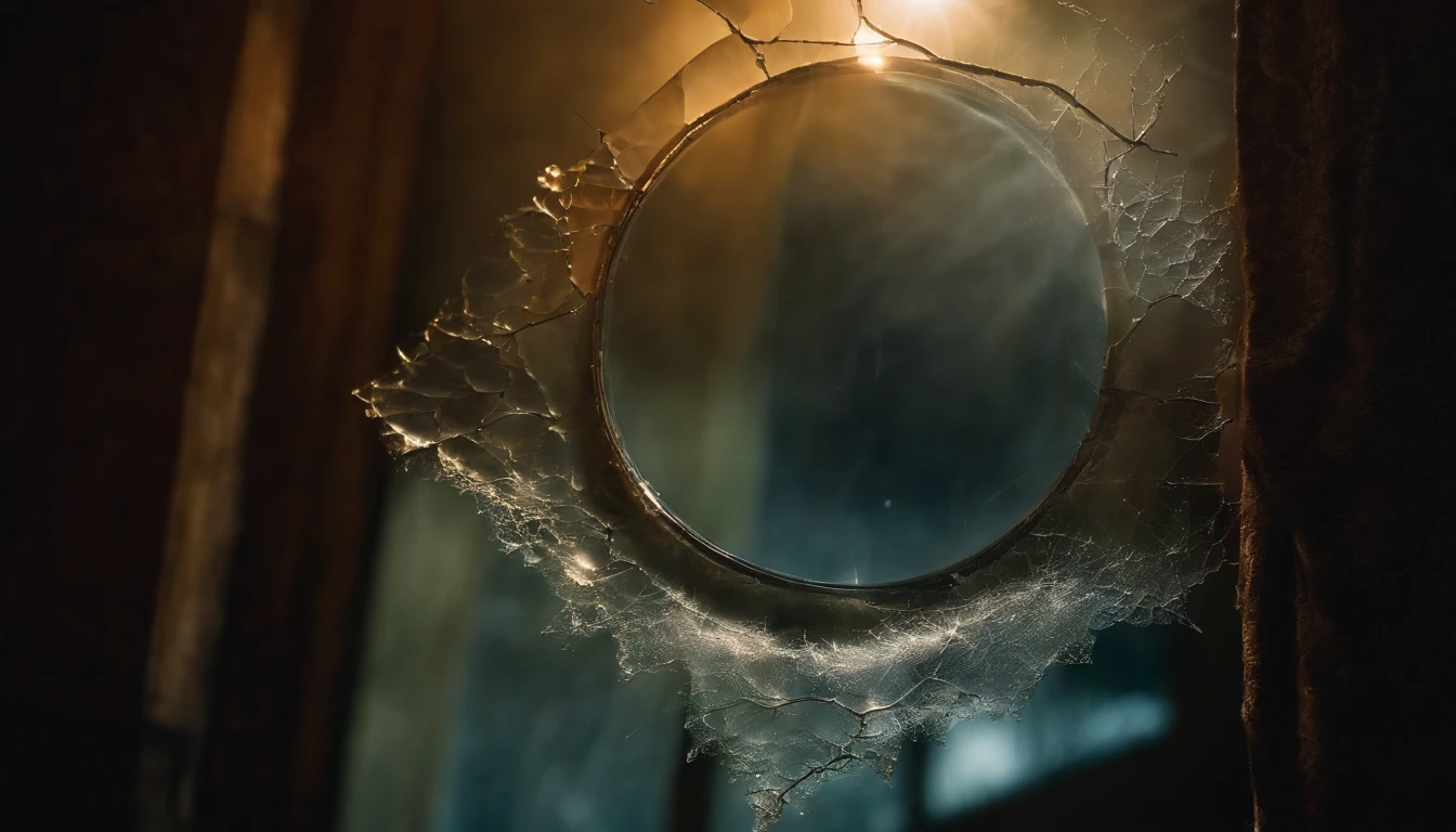 Mysterious Reflection: A close-up of a cracked mirror with eerie mist swirling around it, giving viewers a sense of mystery and suspense.