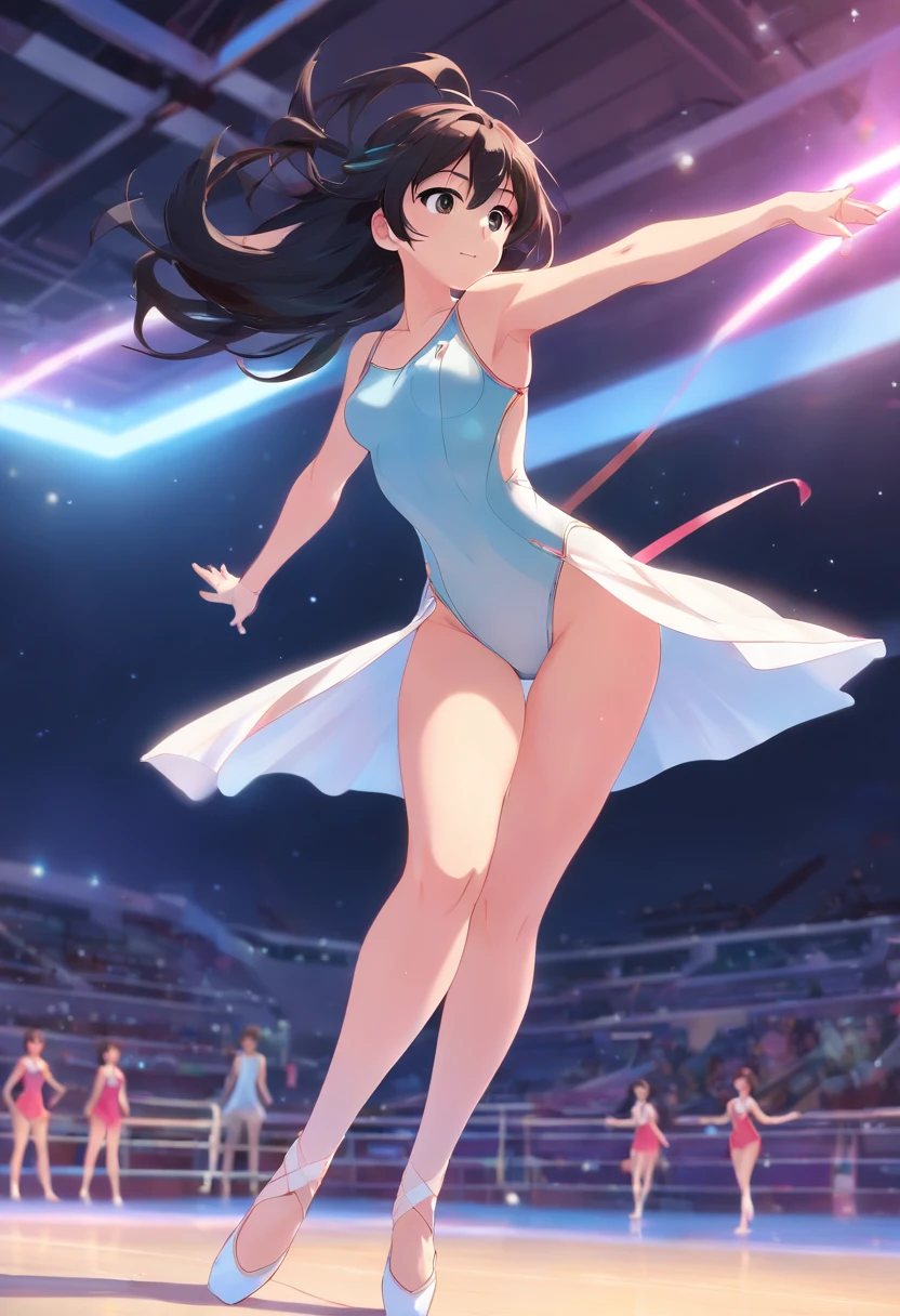 Standing with one leg raised high、No panties、 genitals are showing through、Glossy pure white rhythmic gymnastics leotard、sexy pose、no-bra、huge tit、Shiny black long hair、Shameful、Rhythmic gymnastics arena