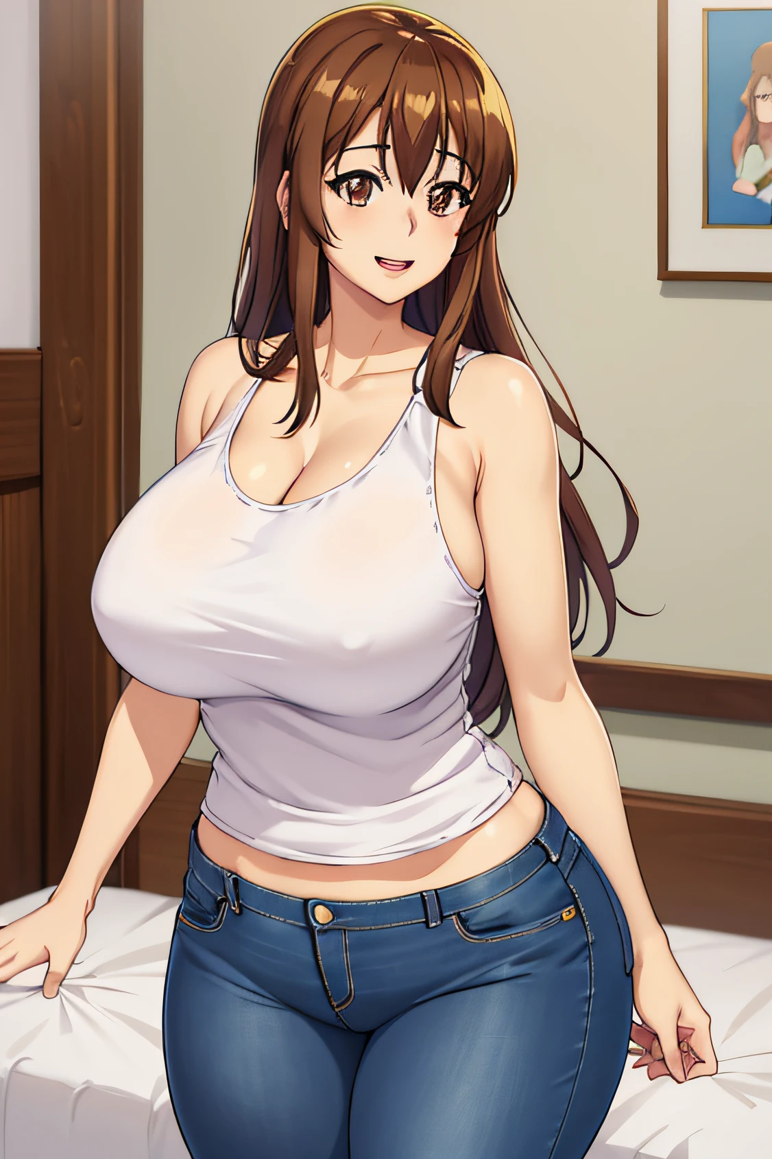 best quality, ((huge tits)), (jeans), (busty), bedroom, (curvy), thick thighs, (masterpiece:1.2), (tanktop), highly detailed, 1girl, kotegawa nanaka, looking at viewer, smile, open mount, brown eyes, brown hair, long hair, open mouth, all fours, from behind, lipstick