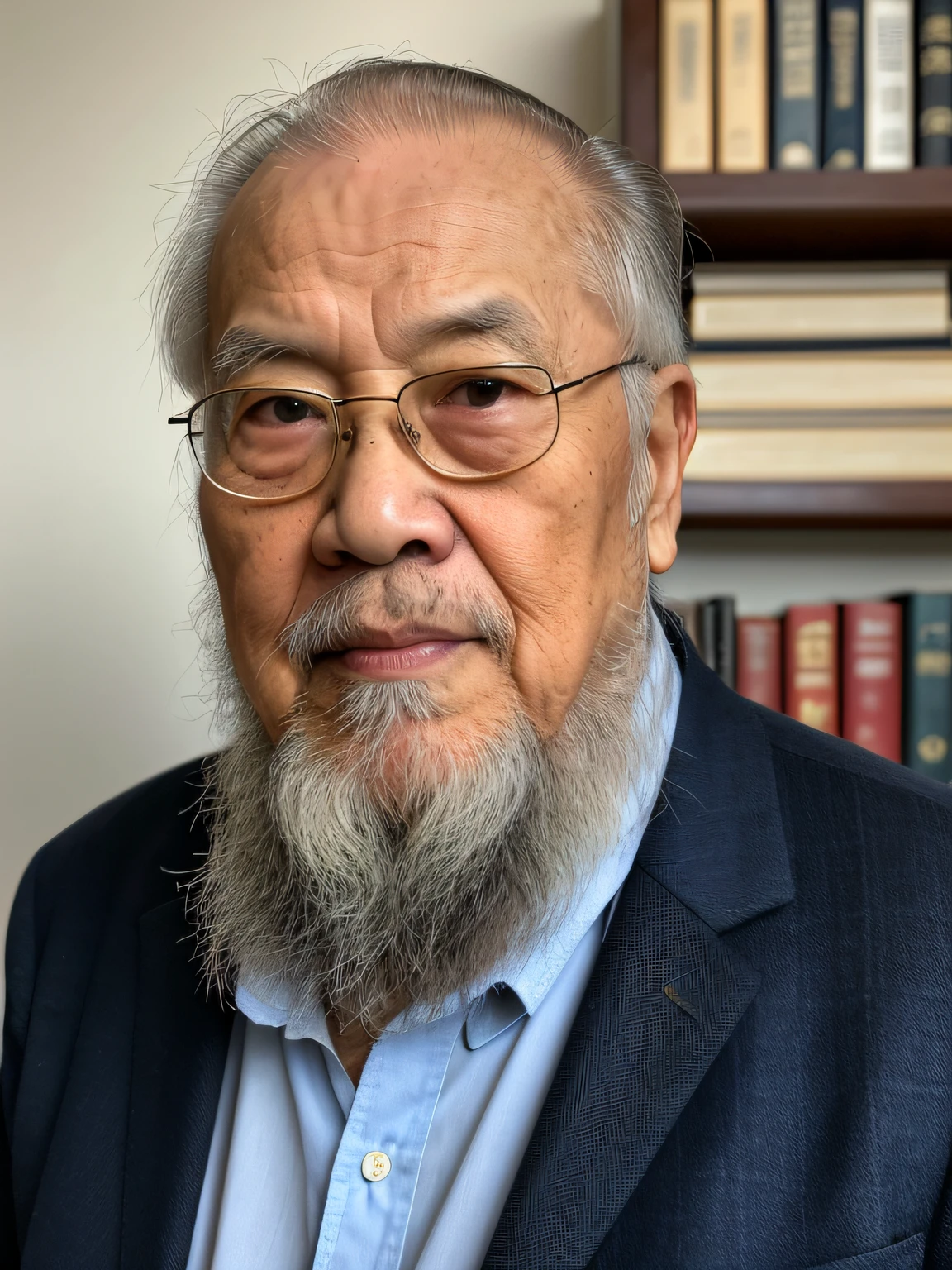 Hyper-Resolution, Ultra photo realsisim, cinema shot, Vignette, Portrait of an 80-year-old Asian man,Look at the viewer,An elderly Asian man,Books in hand,Spiritual elderly,Single image,Thin and thin, Old blue eyes, Short white hair, Bookshelf background,White Viking beard, Narrow face,dark-skin, Wide shoulders, Weathered by sunlight and water, Gold pattern royal twin peaks, The Royal Chambers camera is focused on the eye, High focal length, Bust photo,Faraway view,Digital SLR, Dark Studio, rim lit, twotonelighting, Dimly lit, low tune, Backlight,