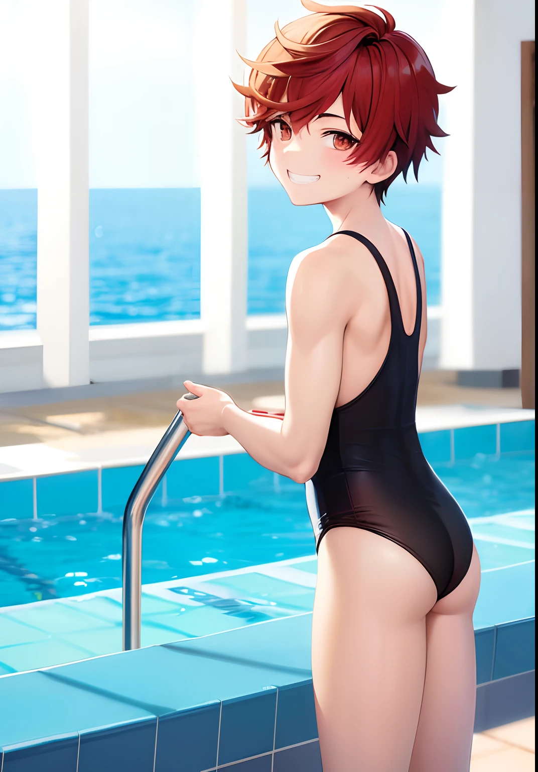 Anime boy in swimsuit standing in pool, High-cut swimwear, U-back swimsuit, rating:safe, solo, smile, Boy with short red hair, Boy standing by the pool, grin, looking_at_viewer, Show your ass, , Cool boy in black and red tank suit,A boy is looking back , cowboy_shot, shiny, shiny_hair, Boy with brown eyes, water, bangs, indoors, garments:High-cut swimwear, from_behind, from_side, pool_ladder, legs_together, highleg